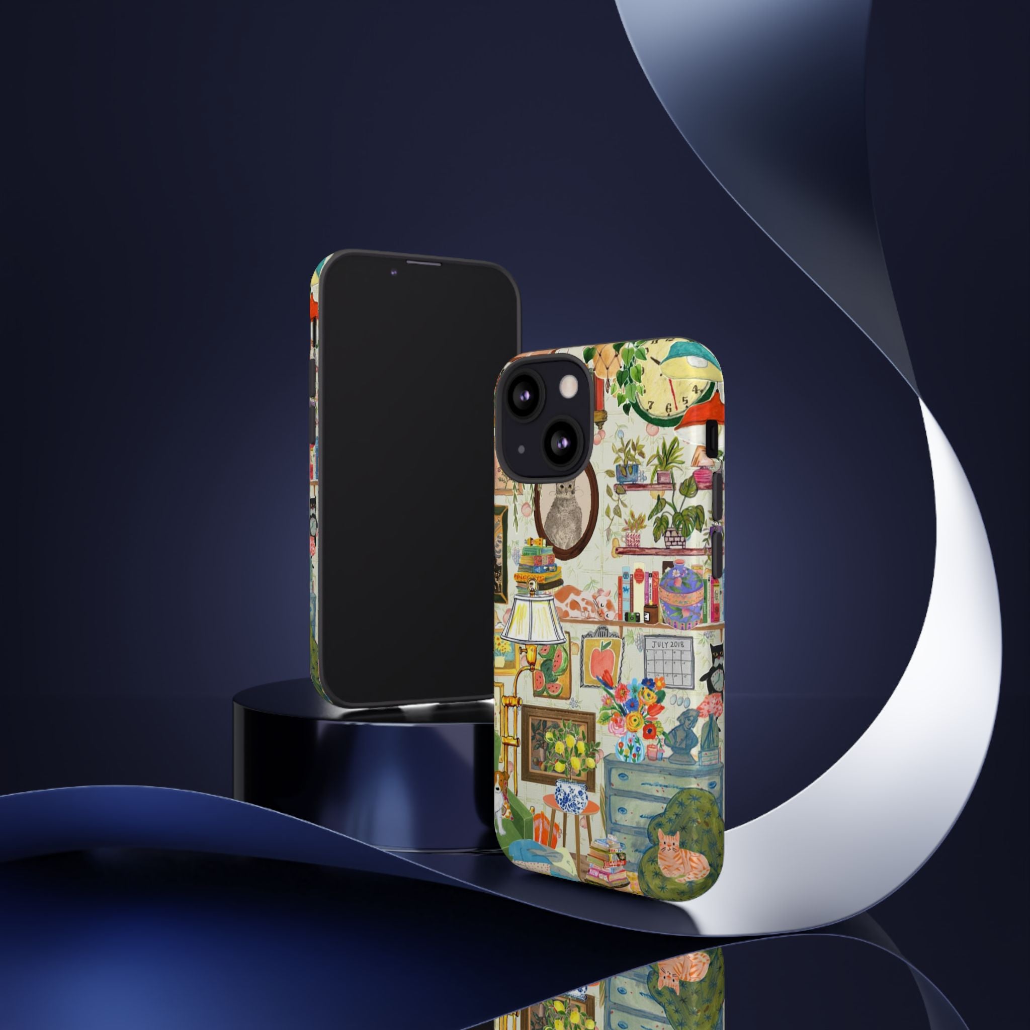 Cute cat portrait phone case for iPhone 17, stylish Printify pet-themed case with cozy living room design.