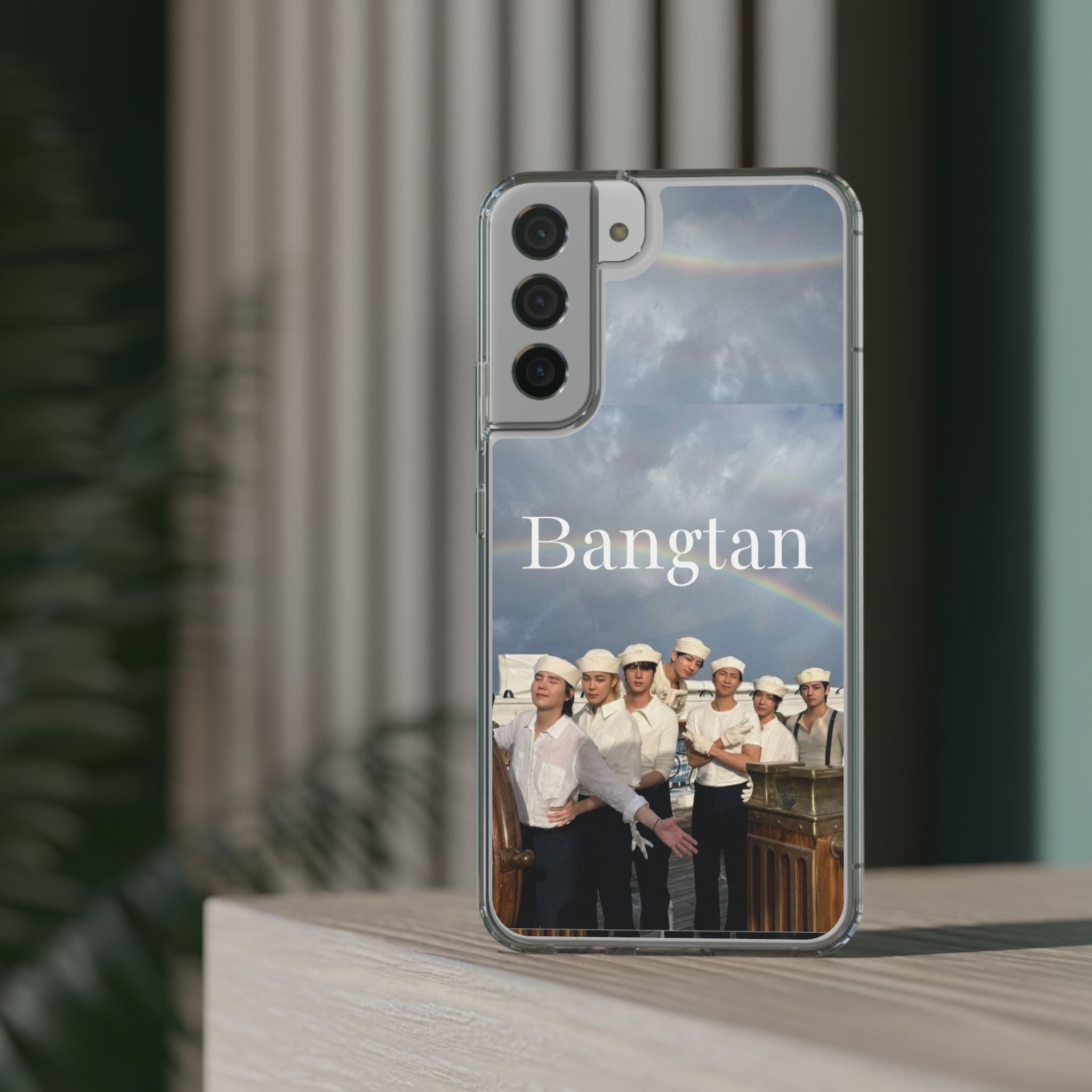 Clear impact-resistant phone case featuring cute Bangtan K-pop design for smartphones, made by Printify.