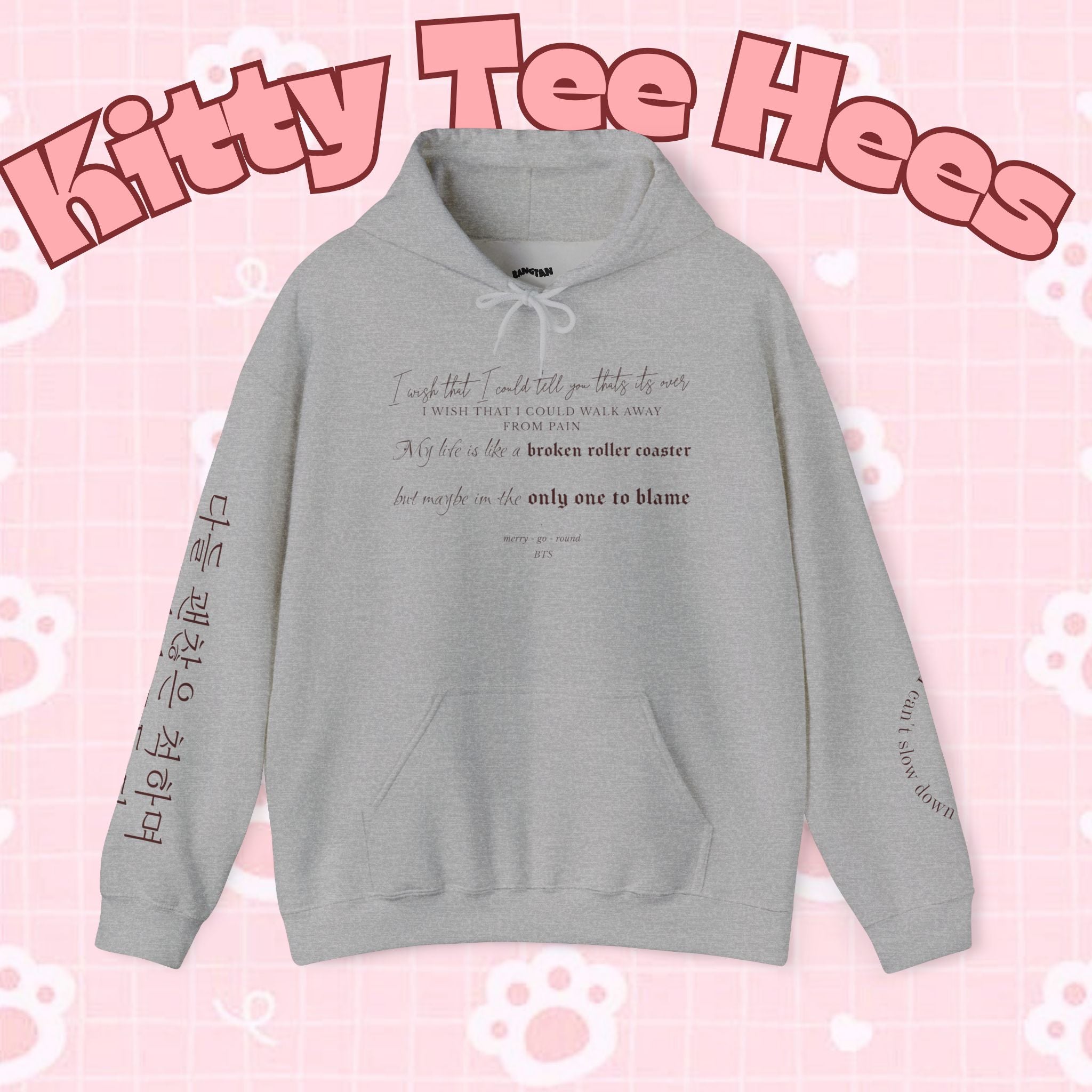 Printify BTS Merry-go-round hoodie with carousel illustration, Korean script sleeve, and BTS Arirang 2026 lyrics on a comfortable hoodie.