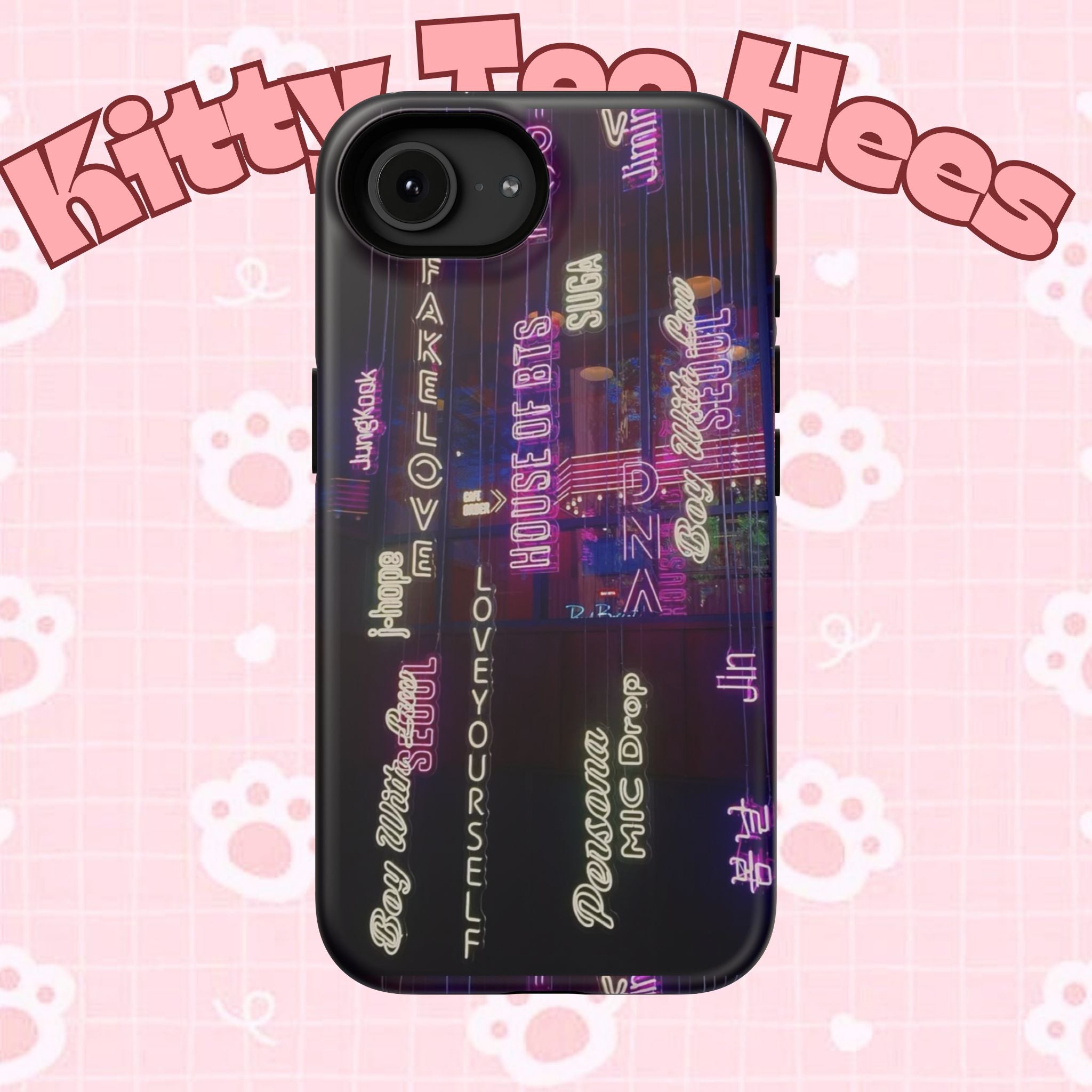 Neon Korean Script BTS phone case for iPhone and Samsung, impact-resistant Printify design with bold BTS branding.