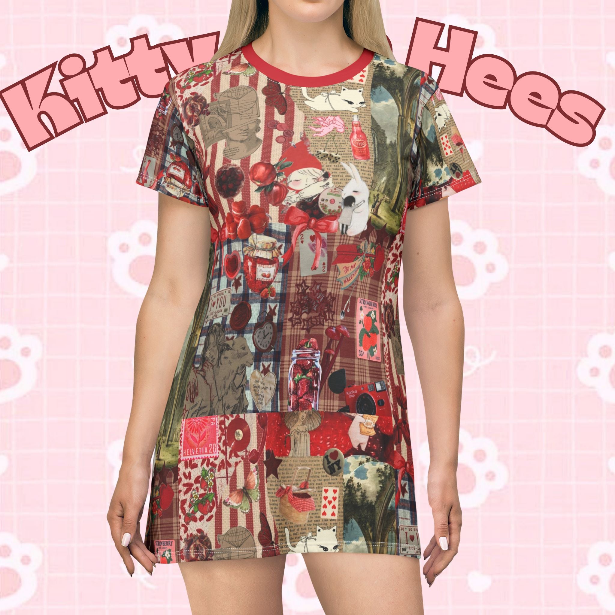 Apple pie and newspaper berry print T-shirt dress with holiday motifs, vintage graphic design, casual feminine style from Printify.