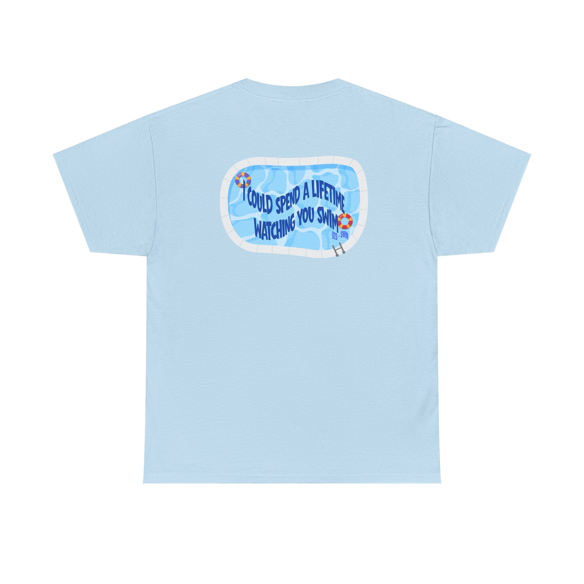 Printify BTS swim graphic T-shirt featuring a pool scene design and "I could spend a lifetime watching you swim" message.