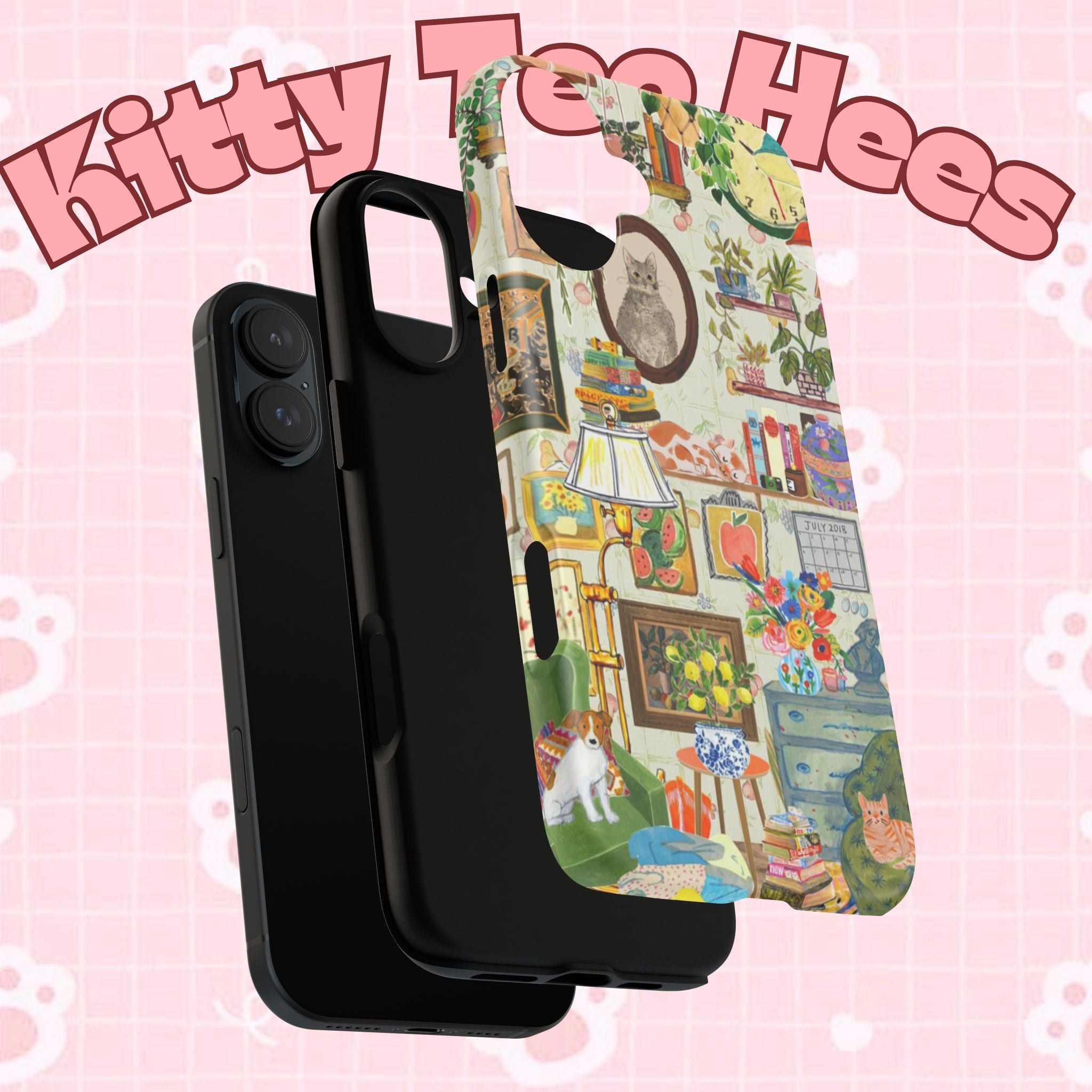 Cute cat portrait iPhone 17 phone case by Printify featuring a cozy living room pet home design with stylish, colorful artwork.