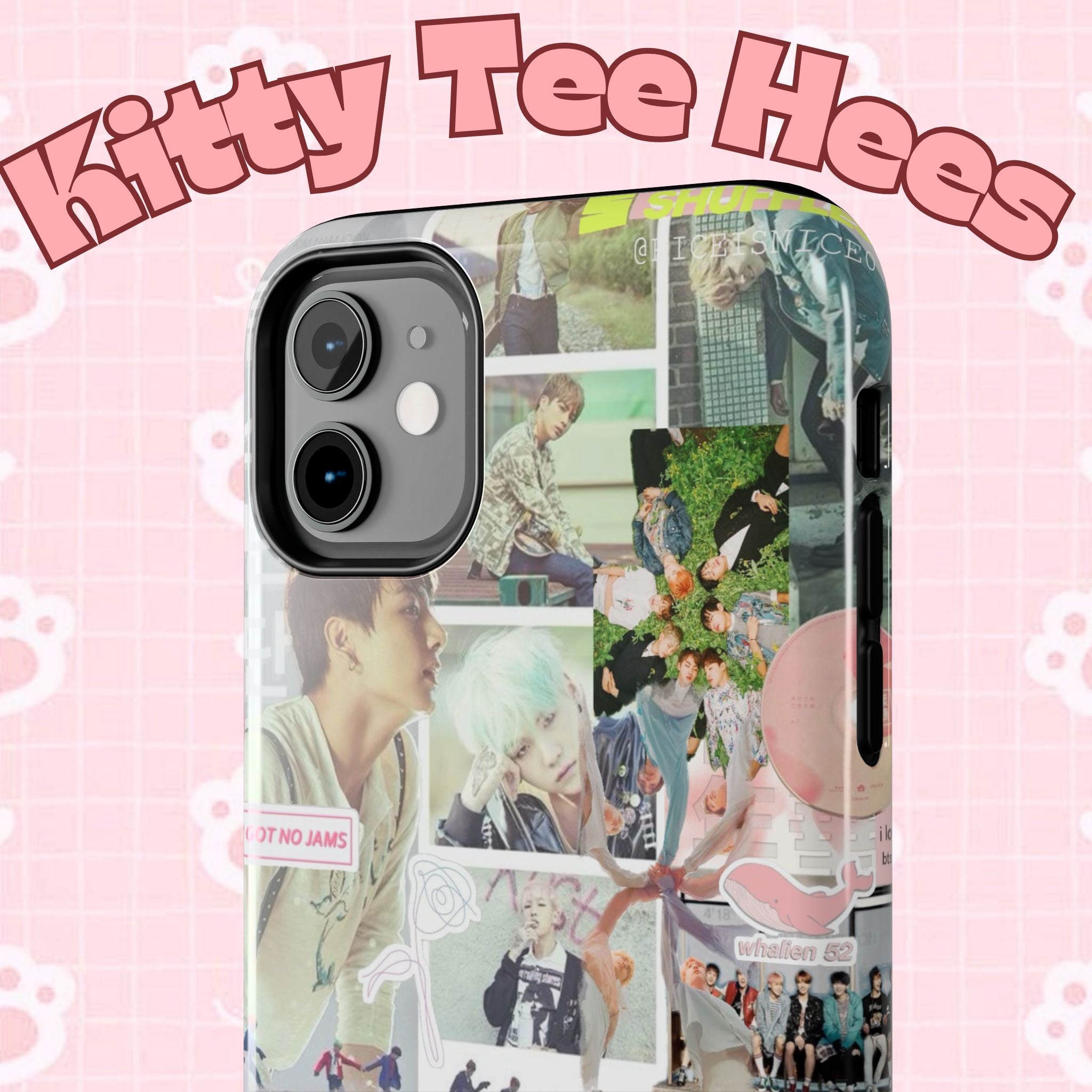 K-Pop BTS collage phone case for iPhone and Samsung with pastel hot air balloon and aesthetic design, durable tough protective cover