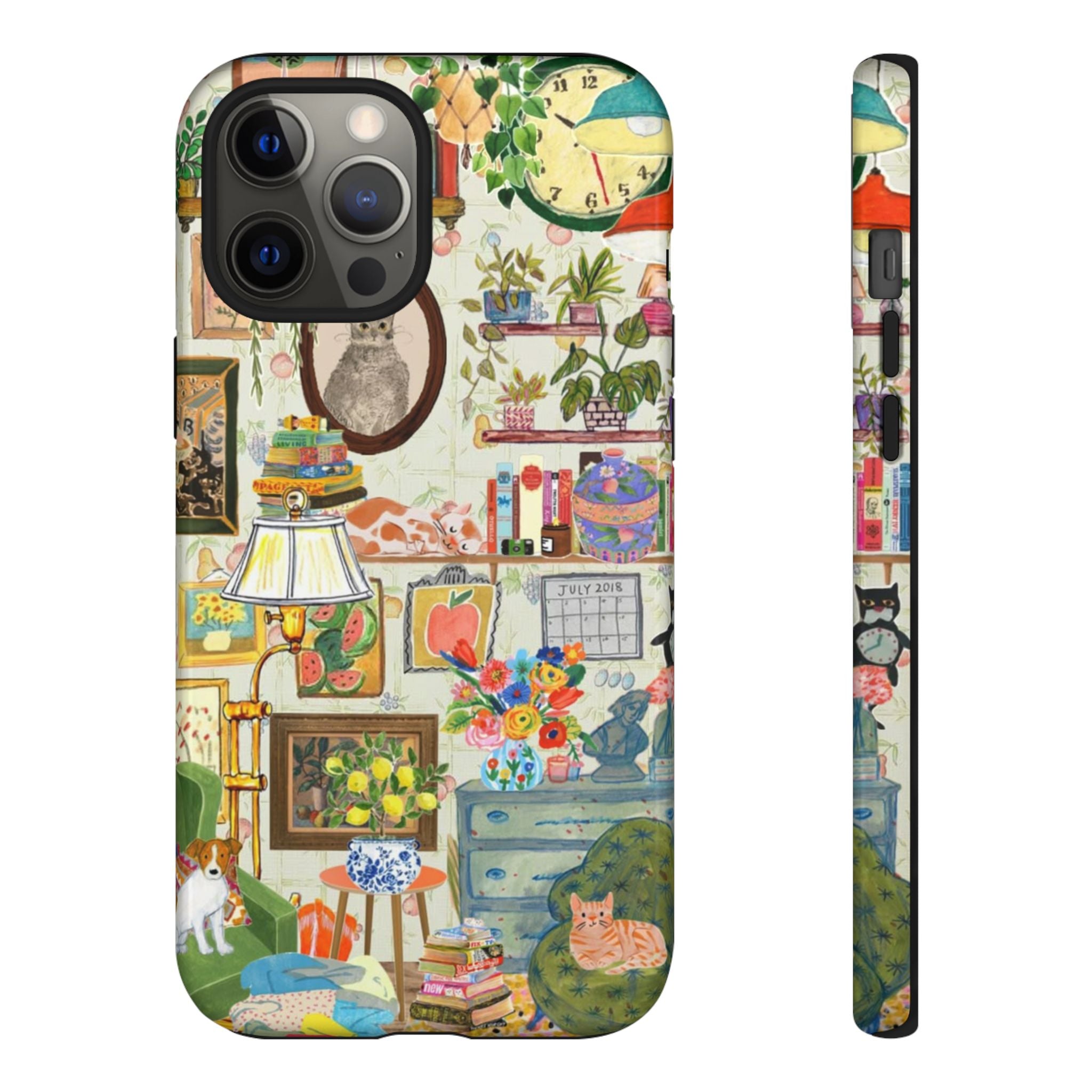 Cute cat pet portrait iPhone 17 case by Printify, stylish framed cozy living room design for pet lovers