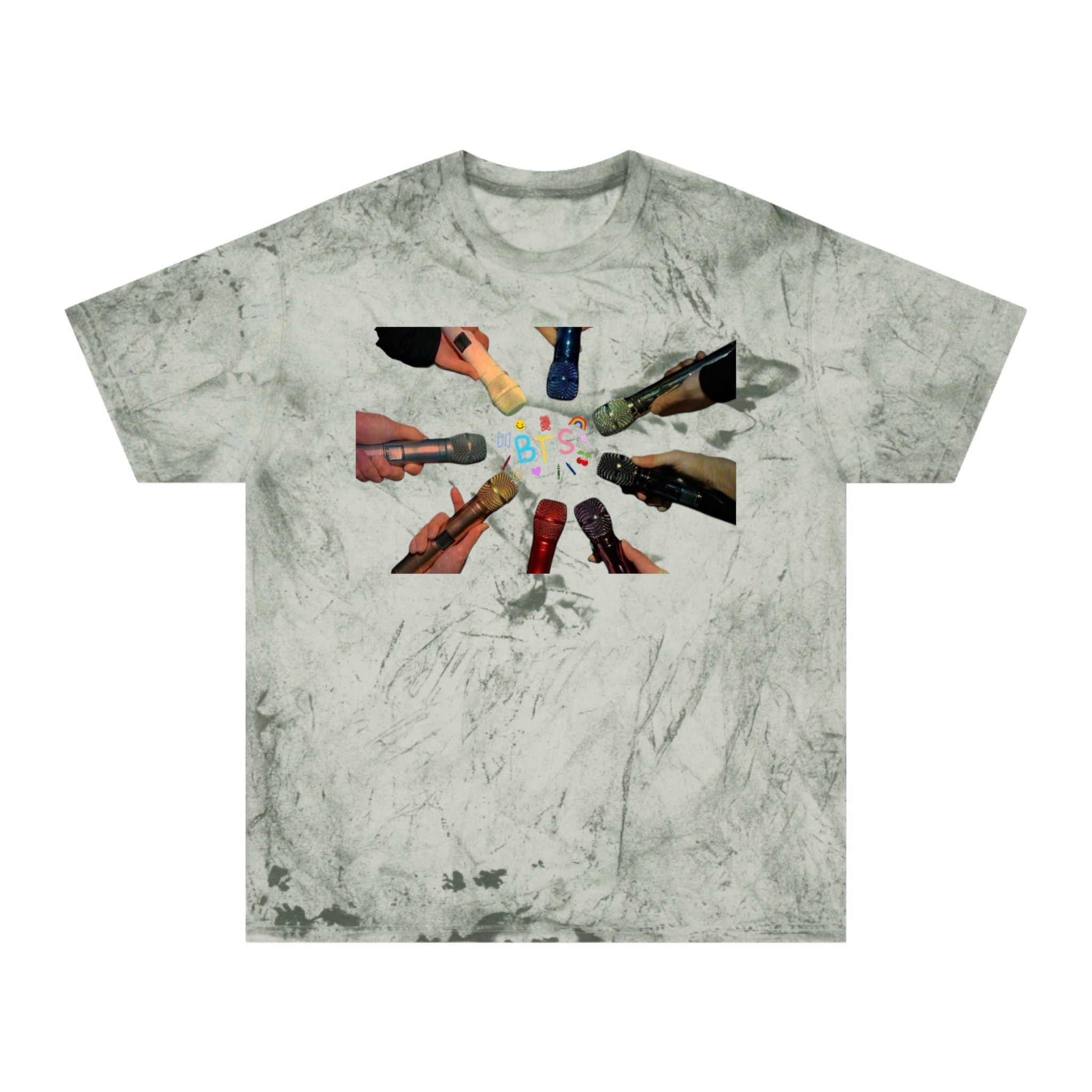 Colorful BTS concert T-shirt featuring rainbow mic design and logo, inspired by K-Pop group BTS, made by Printify.