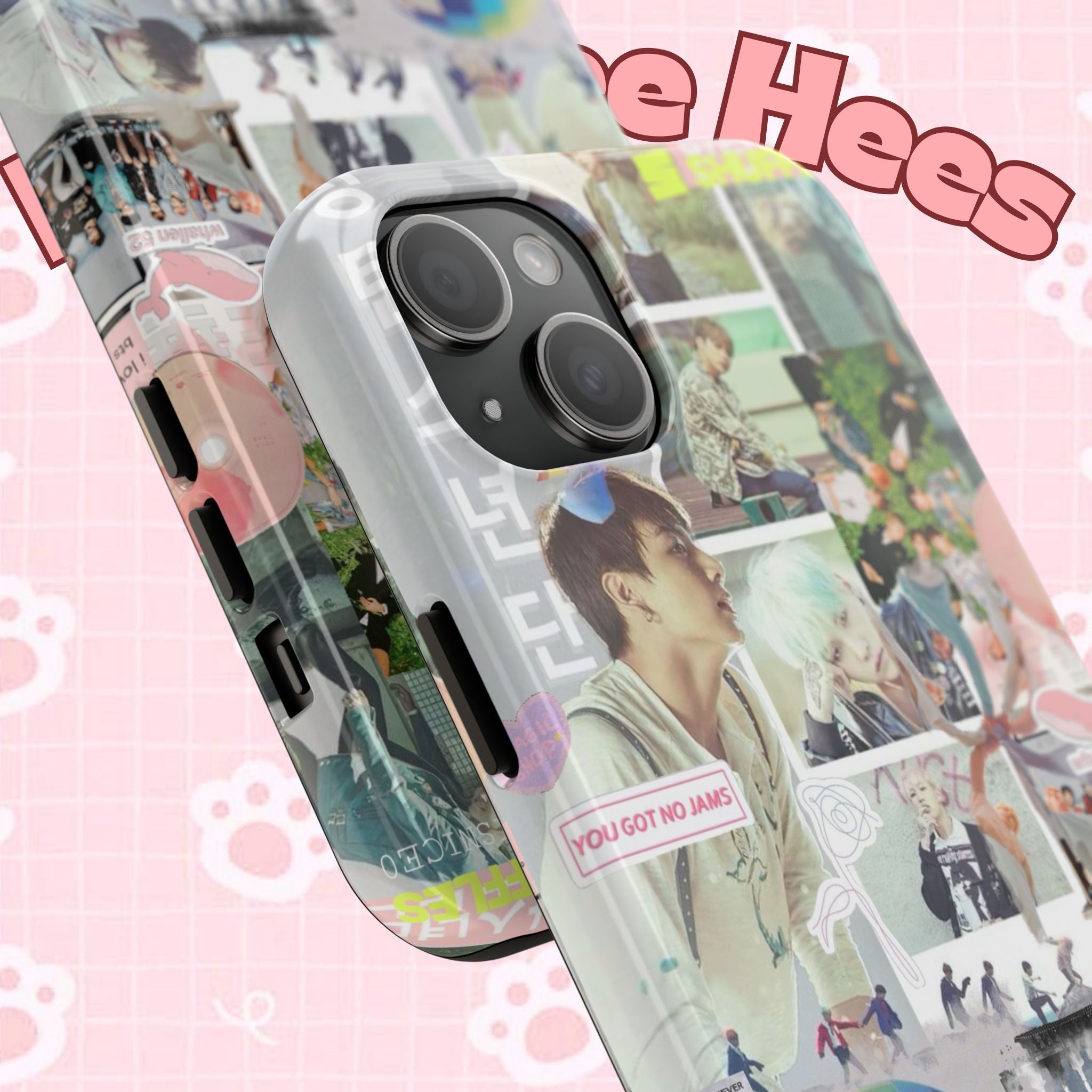 Pastel BTS collage phone case with hot air balloon design for iPhone and Samsung, featuring vibrant K-Pop photo collage artwork.