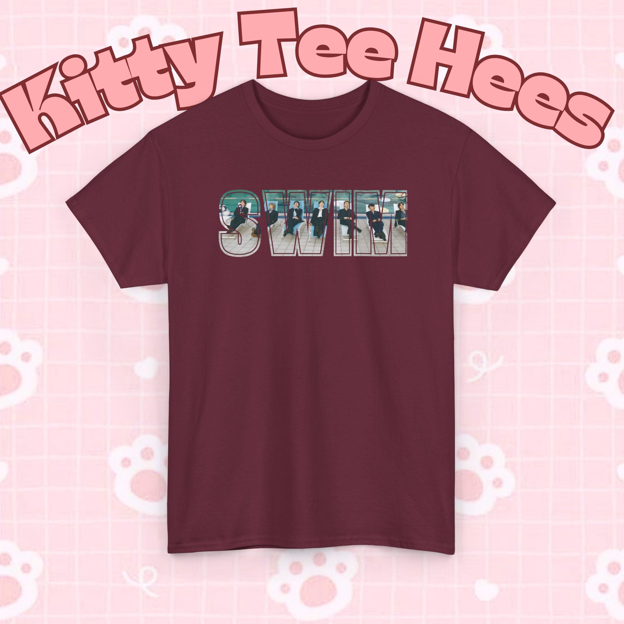 Printify BTS swim graphic T-shirt featuring Arirang pool scene and Bangtan logo, casual BTS concert tee for fans.