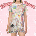 Pastel casual kitty print T-shirt dress by Printify featuring fun cat all-over print, perfect for summer casual outfits.