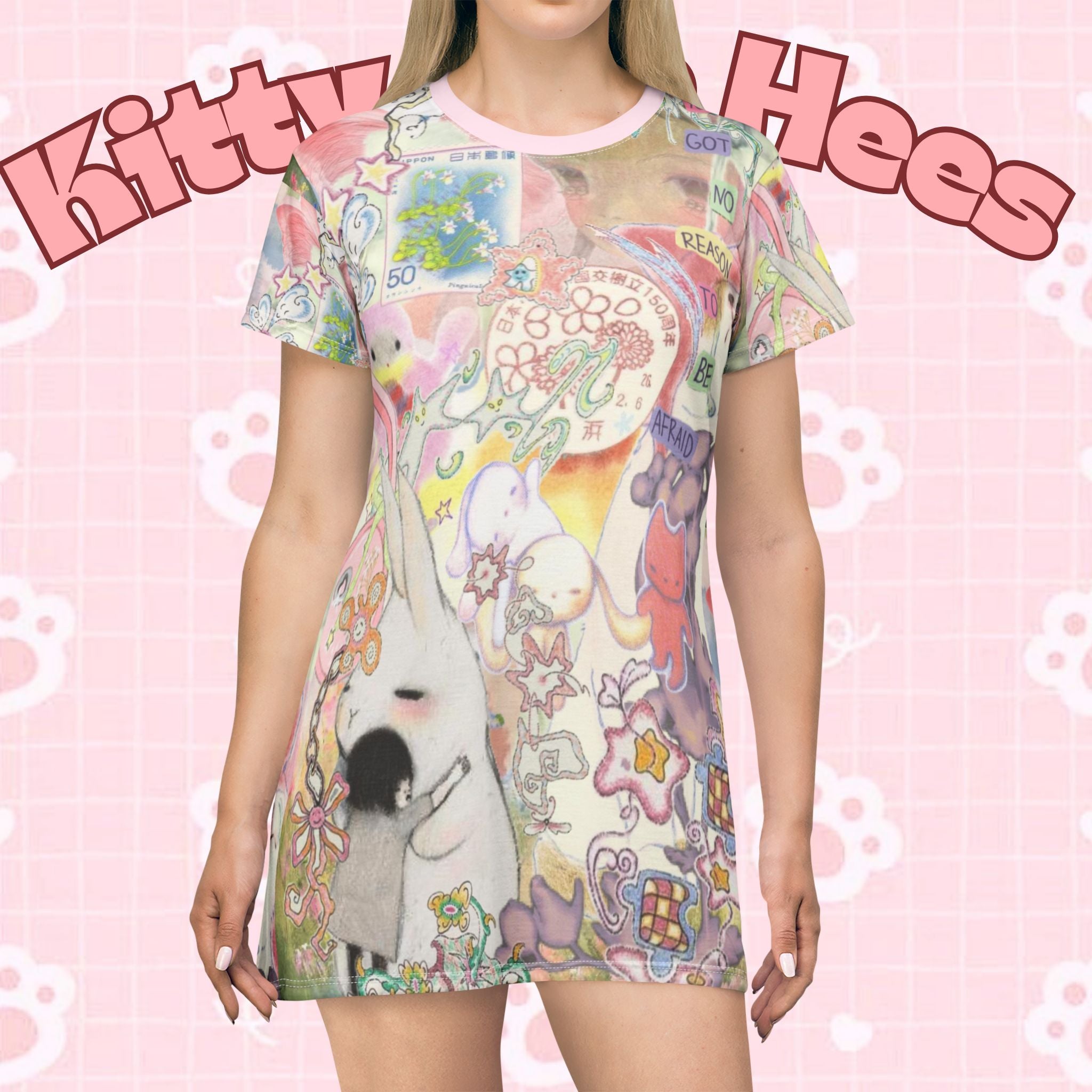 Pastel casual kitty print T-shirt dress by Printify featuring fun cat all-over print, perfect for summer casual outfits.