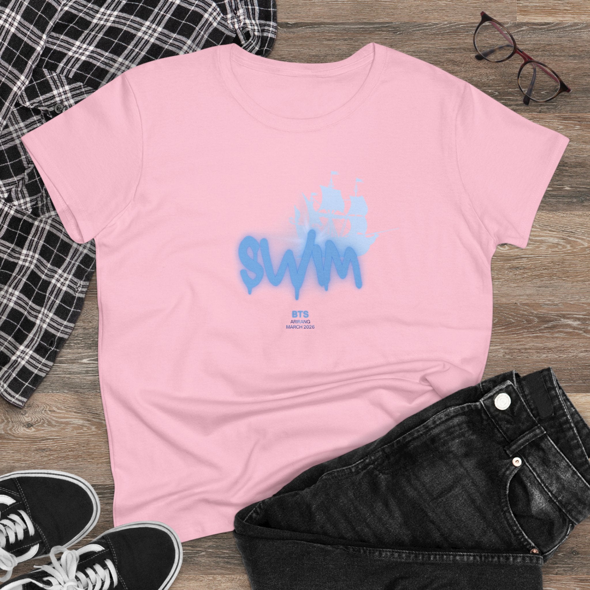Women's BTS Sailboat Script Logo T-shirt featuring print design, cotton fabric, perfect for concert and casual wear.