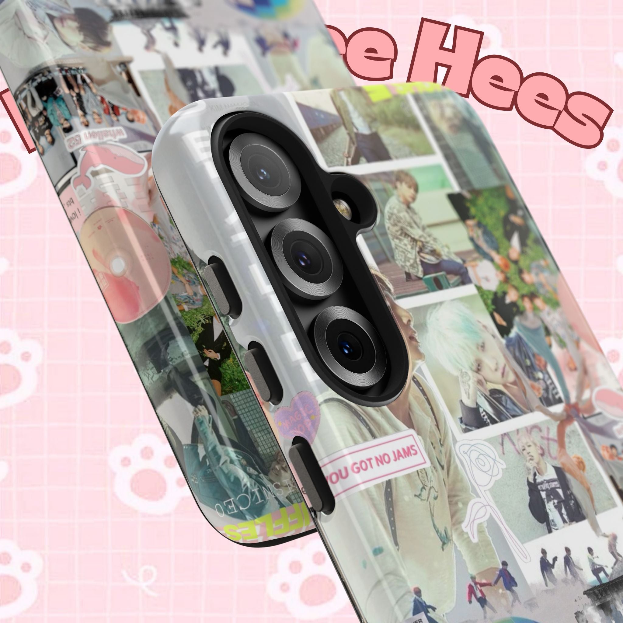 K-Pop BTS collage phone case for iPhone and Samsung with pastel hot air balloon and aesthetic design, featuring vibrant photo collage artwork.
