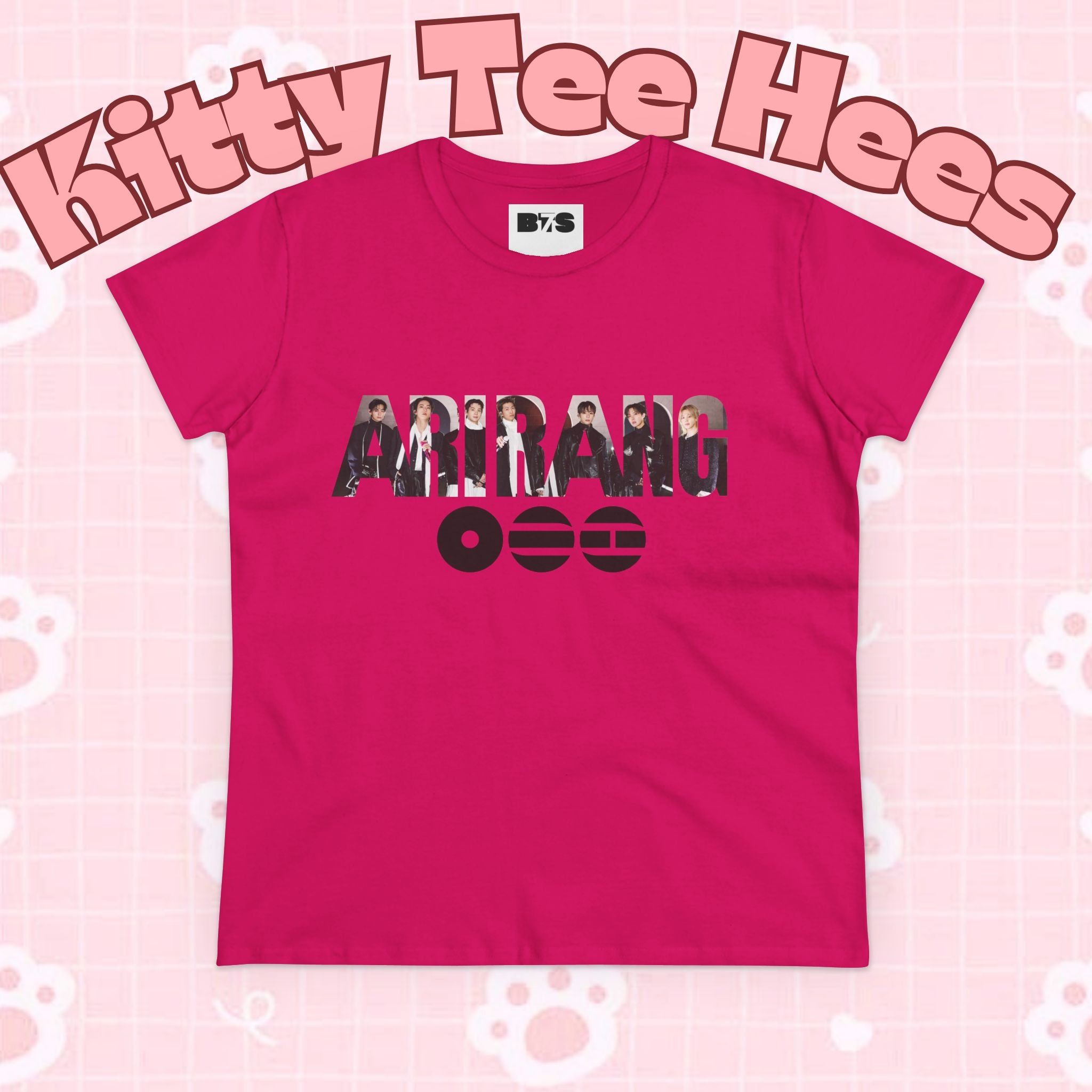 BTS ARIRANG graphic T-shirt featuring Bangtan Boys logo and member names, in a colorful and casual design by Printify.
