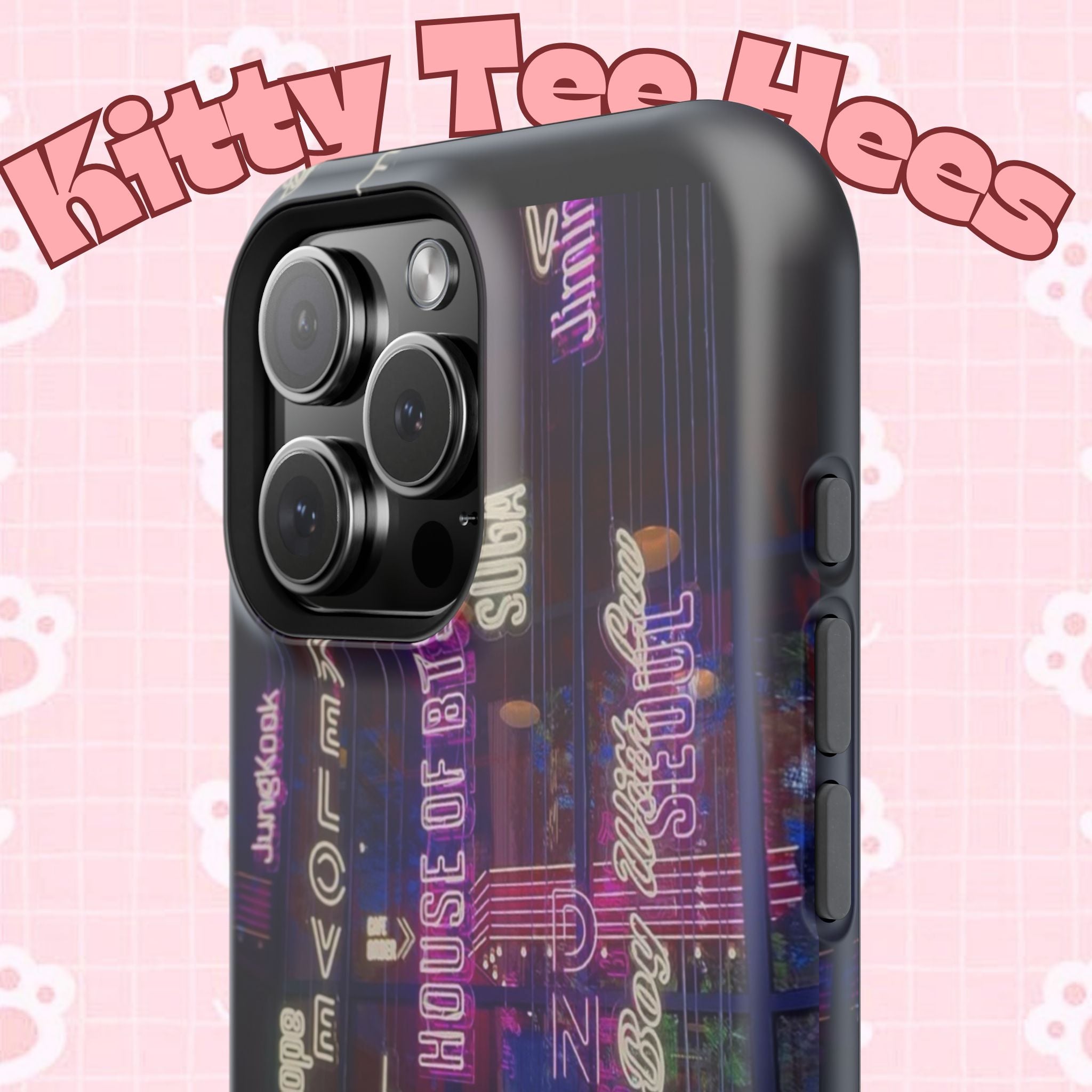 Neon Korean script BTS phone case for iPhone and Samsung, impact-resistant design with Bangtan Sonyeondan branding.