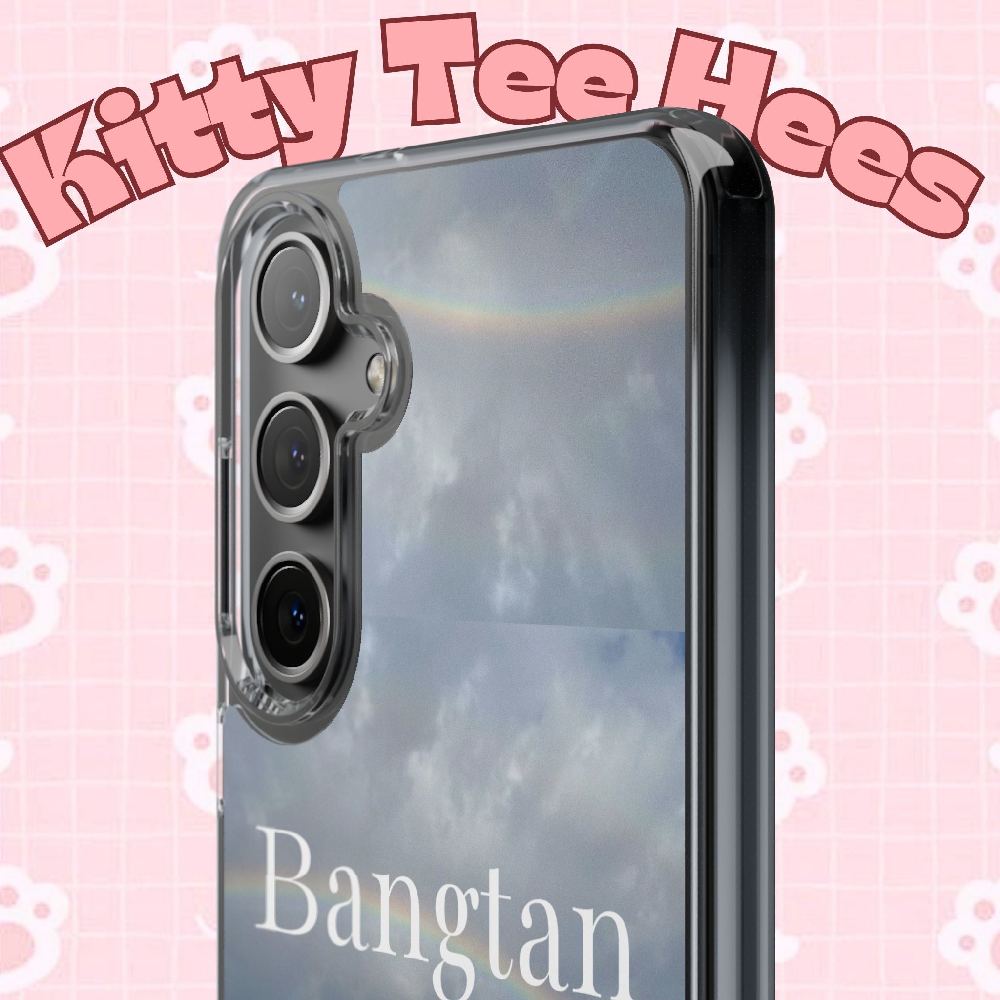 Clear impact-resistant phone case featuring cute Bangtan K-pop design, compatible with smartphones for stylish protection.