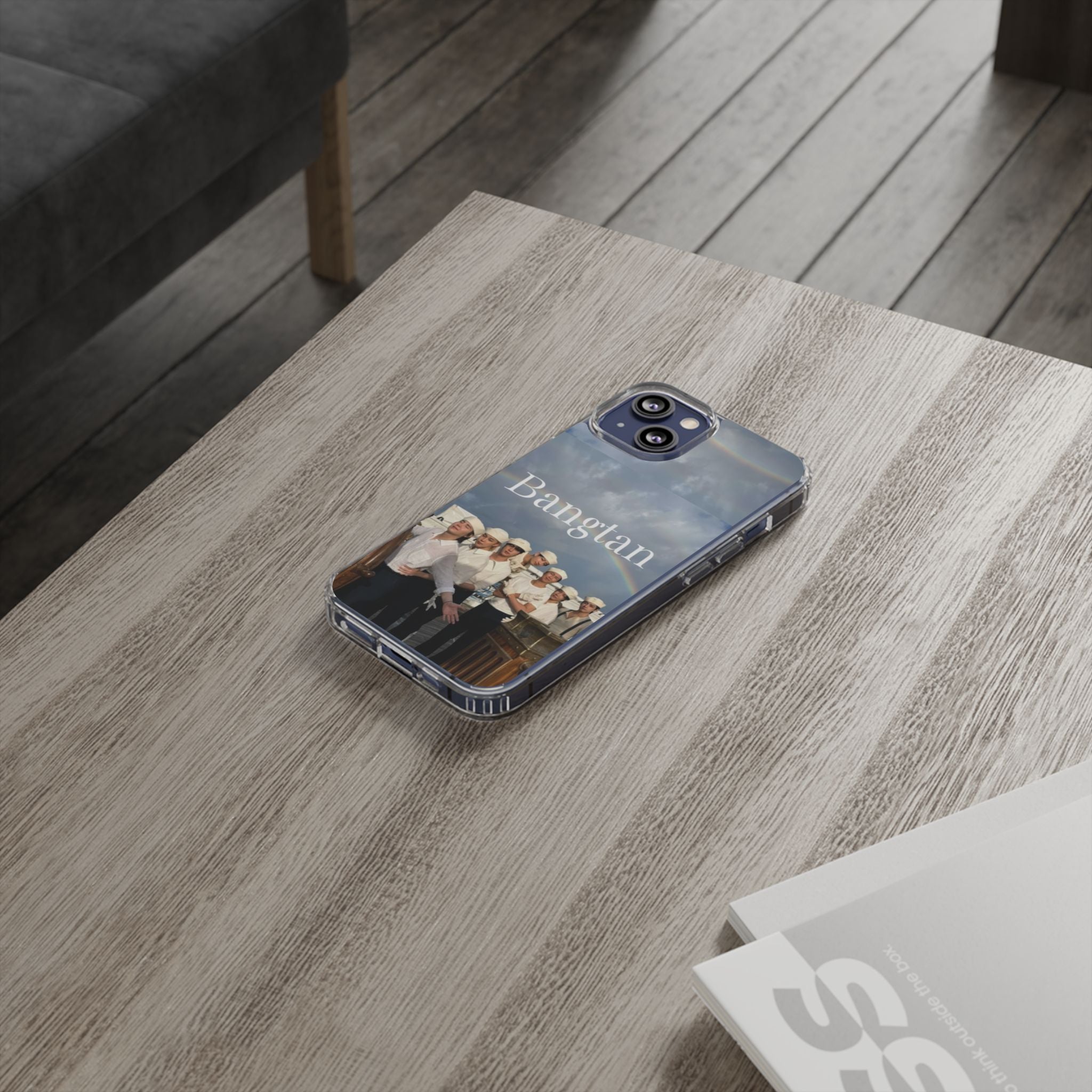 Clear impact-resistant phone case featuring cute Bangtan K-pop design, compatible with smartphones for stylish protection.