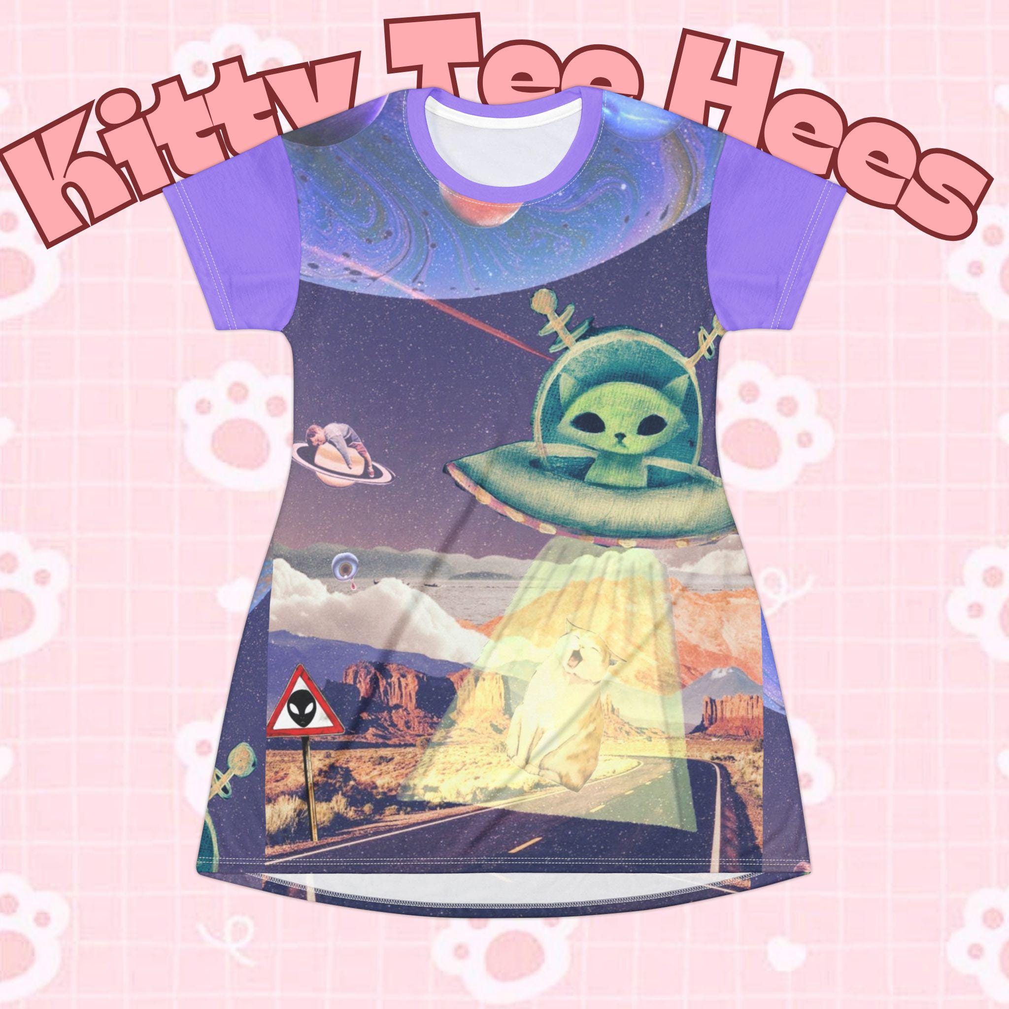 Alien Cat Graphic T-Shirt Dress, Funny Space Kitten Costume - Kitty TeeHees