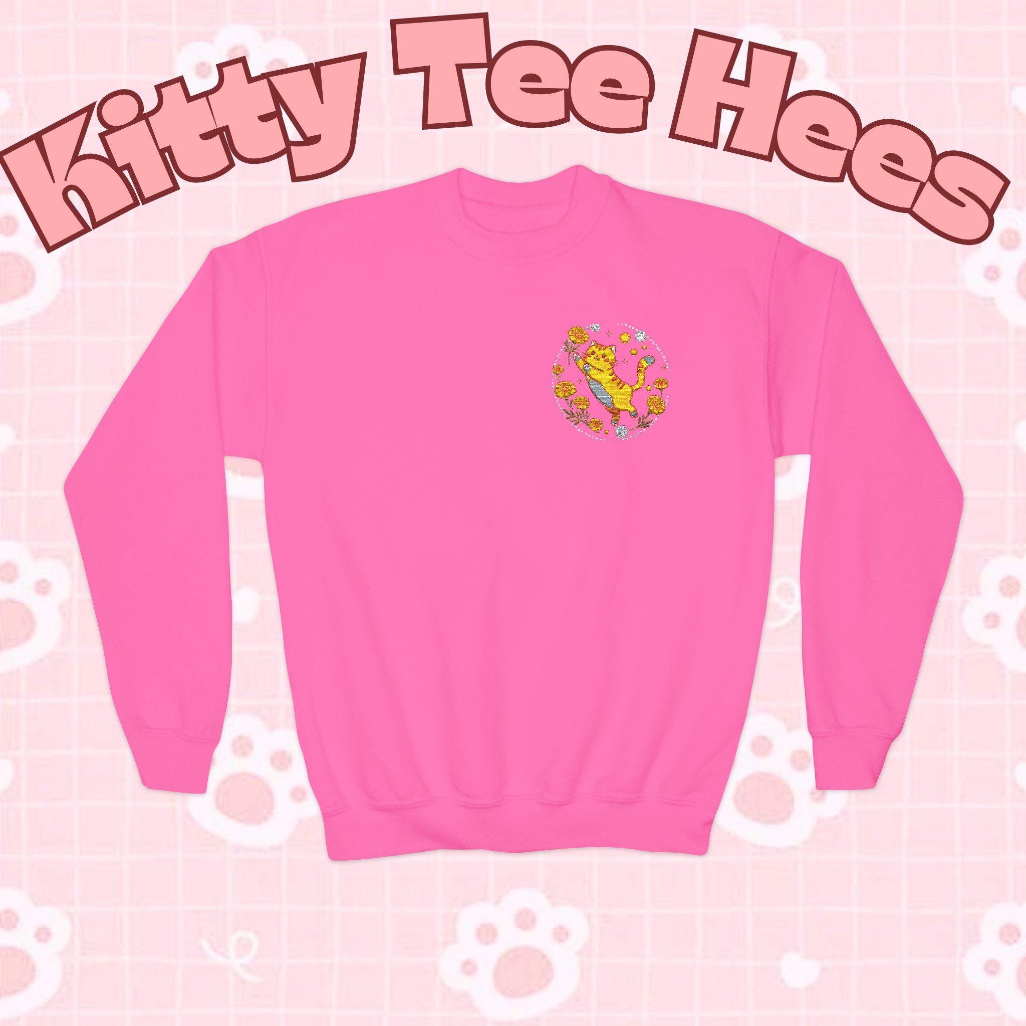 Embroidered Kitty Sweatshirt, Marigold Puff, Kids Cotton-Poly Blend - Kitty TeeHees