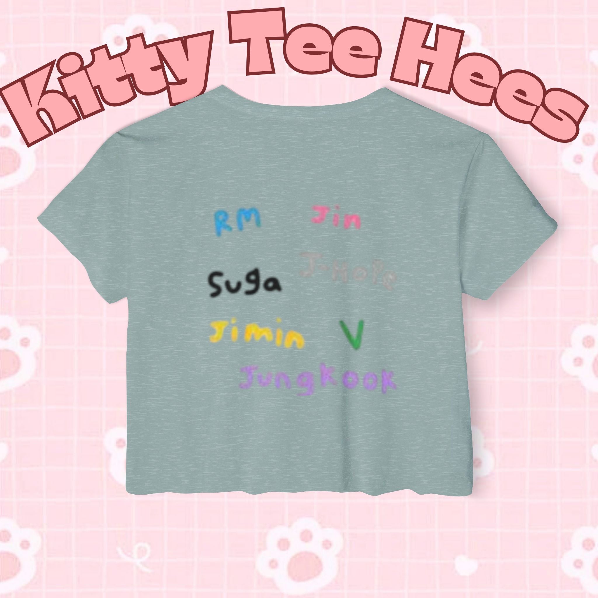 Colorful BTS kidcore T-shirt featuring Bangtan Boys K-Pop group photo, women's festival crop top by Printify.