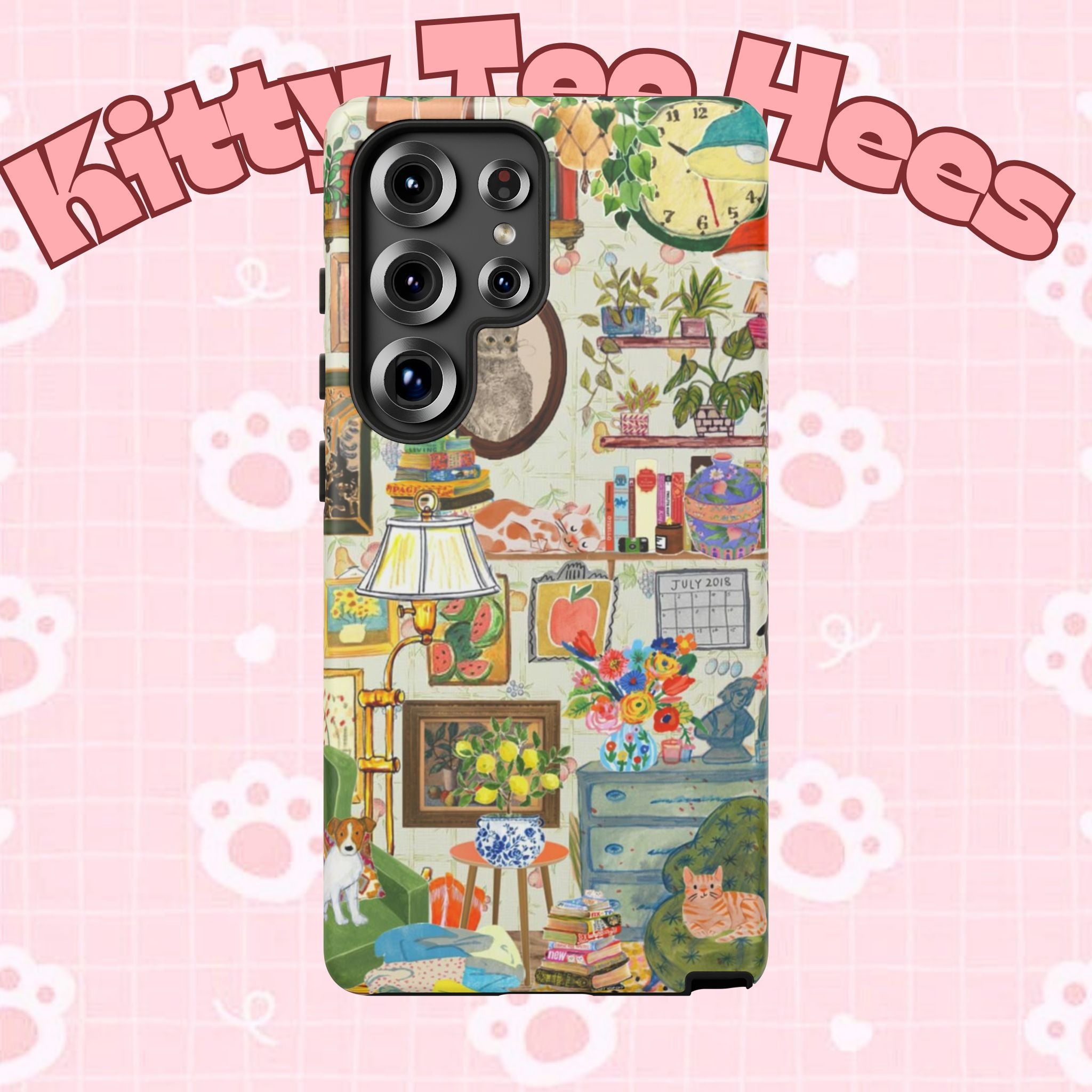 Printify cute cat framed phone case for iPhone 17 featuring a cozy living room pet portrait design, stylish and protective.