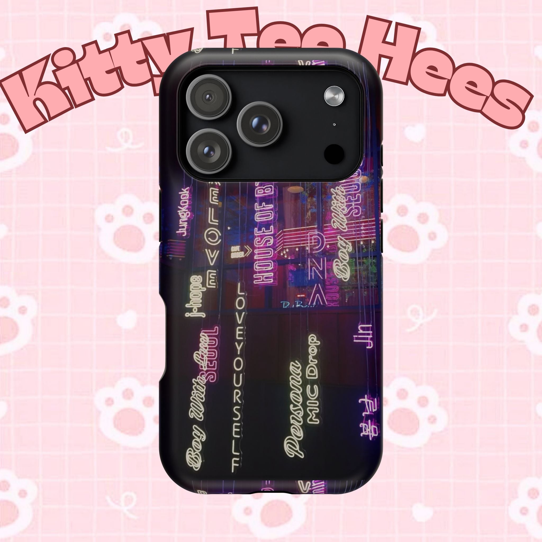 Neon Korean script BTS phone case for iPhone and Samsung, impact-resistant design with Bangtan Sonyeondan branding.