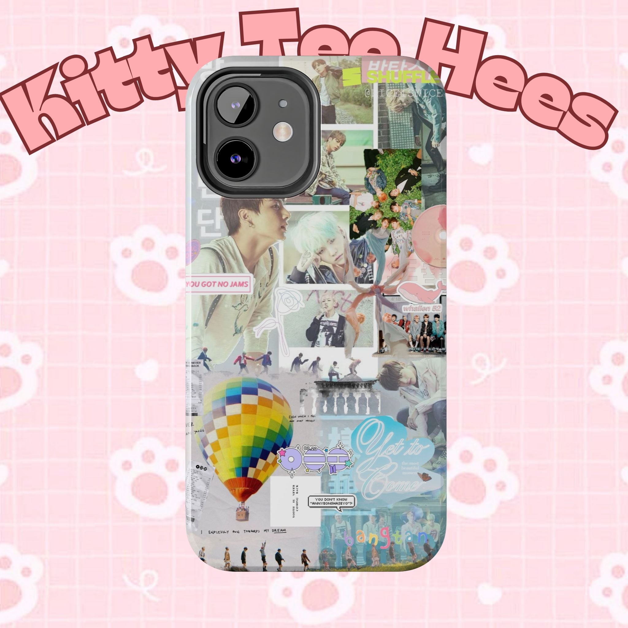 Printify BTS collage phone case for iPhone and Samsung with pastel hot air balloon and K-Pop photo collage design.