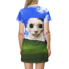 All-over print whimsical cat T-shirt dress featuring a funny meme cat lurking design, inspired by 2000s Windows background style.