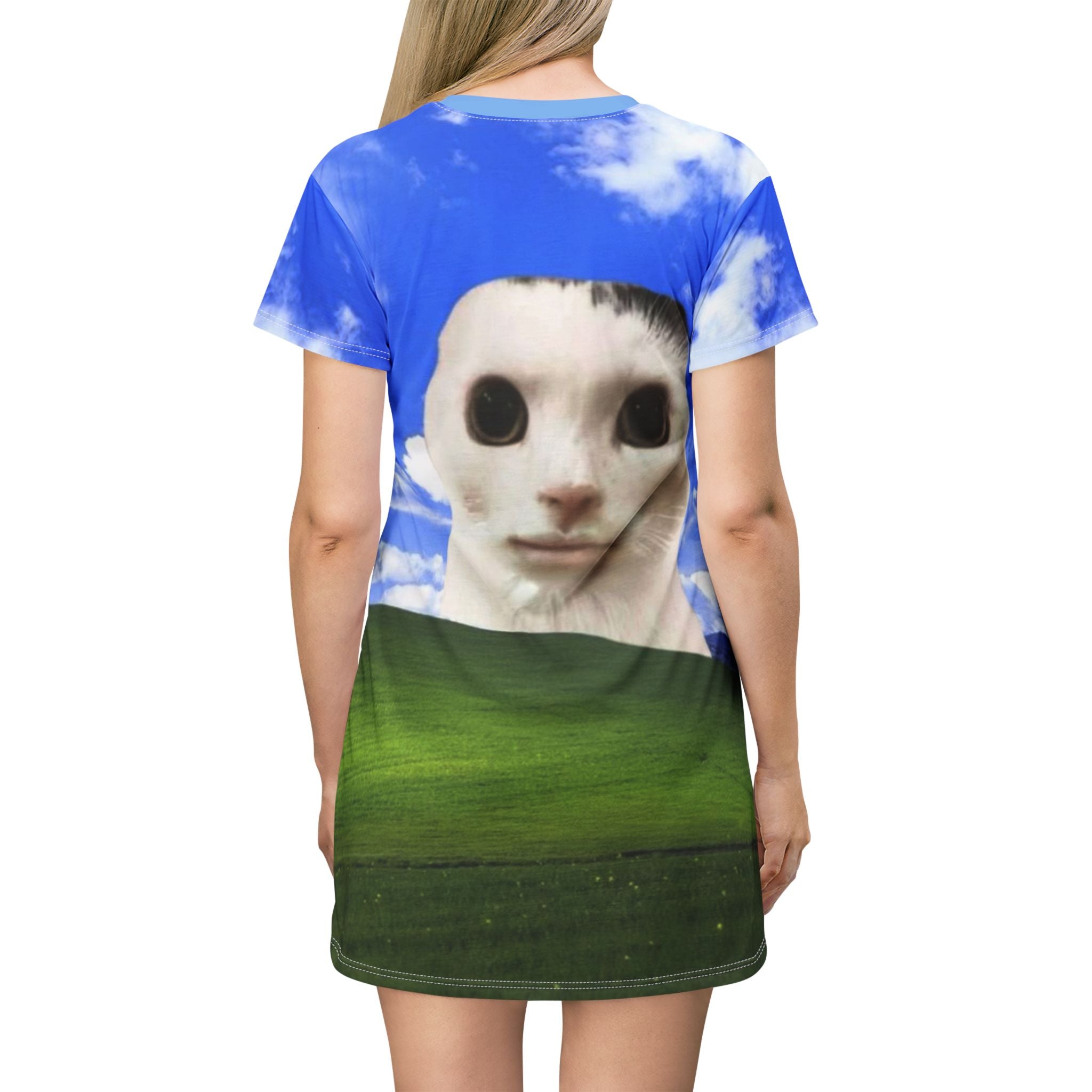 All-over print whimsical cat T-shirt dress featuring a funny meme cat lurking design, inspired by 2000s Windows background style.