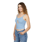 Cute Printify women's spaghetti strap tank top featuring a playful Pilates cat and yoga cat design, perfect for summer wear.