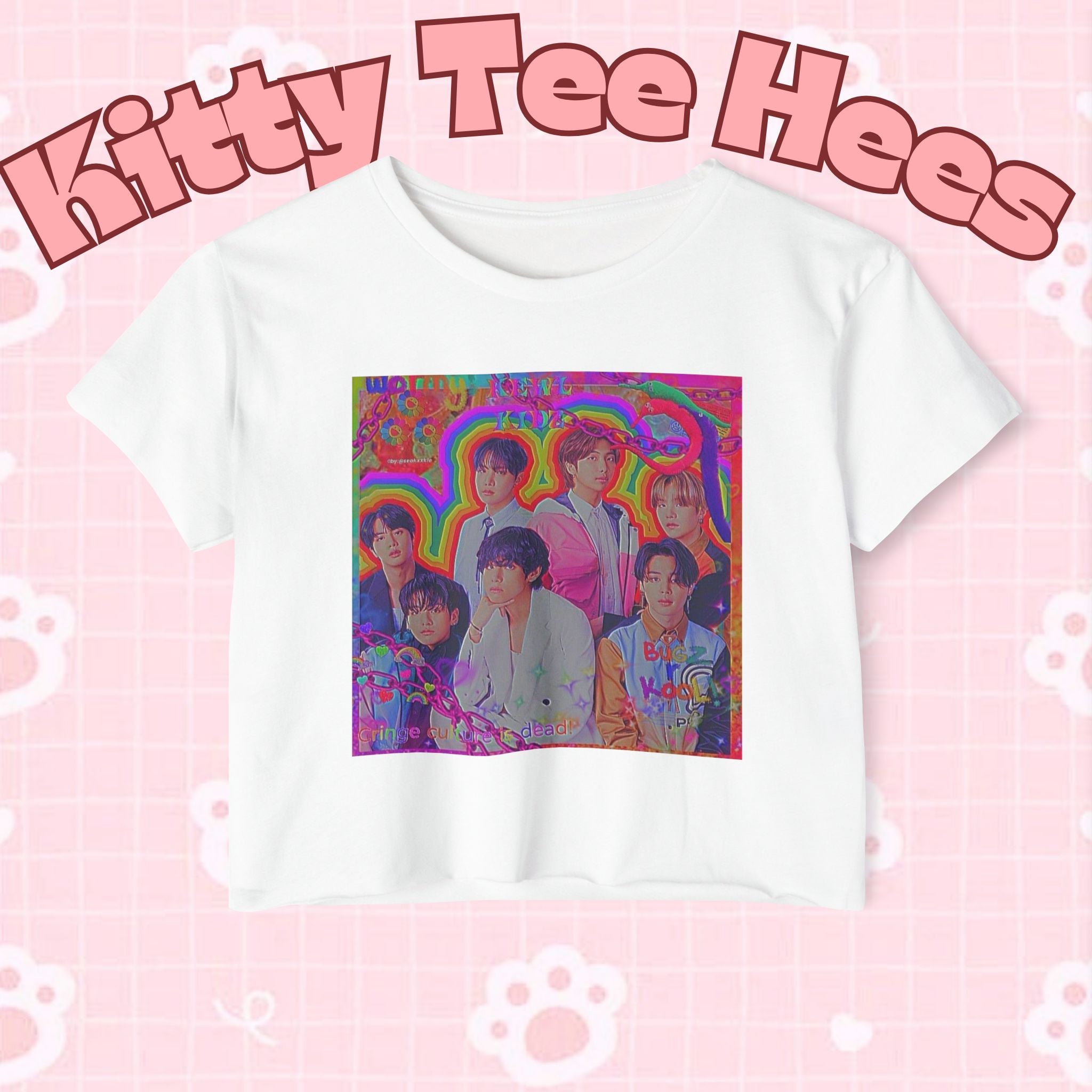 Colorful BTS kidcore T-shirt featuring Bangtan Boys K-Pop group photo, women's festival crop top by Printify.