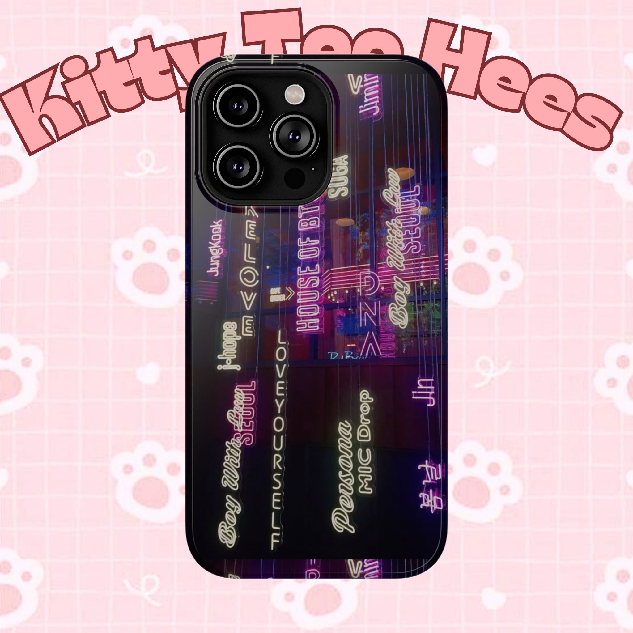 Neon Korean script BTS phone case for iPhone and Samsung, impact-resistant, featuring bold neon design and BTS branding.