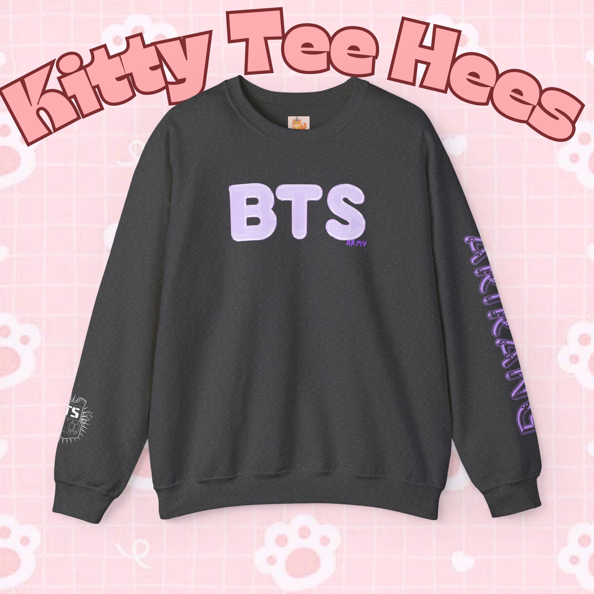 Lavender BTS Logo arirang crewneck sweatshirt with K-pop band print, featuring BTS comeback and concert design, by Printify.