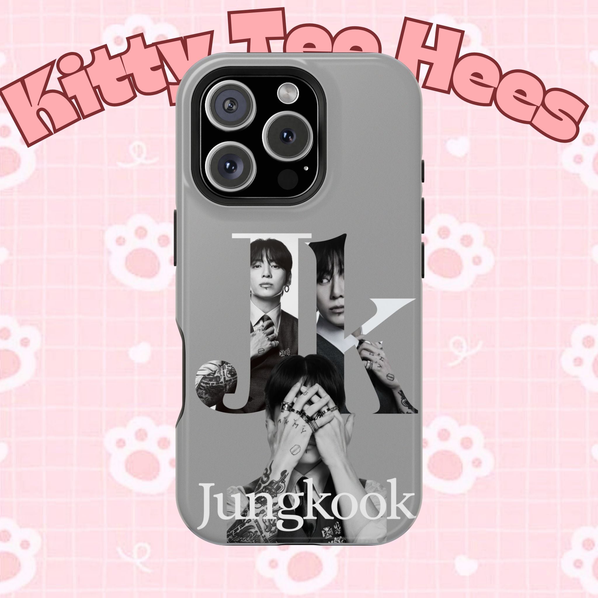 Monochrome BTS Jungkook phone case by Printify featuring impact-resistant design and bold letter branding.