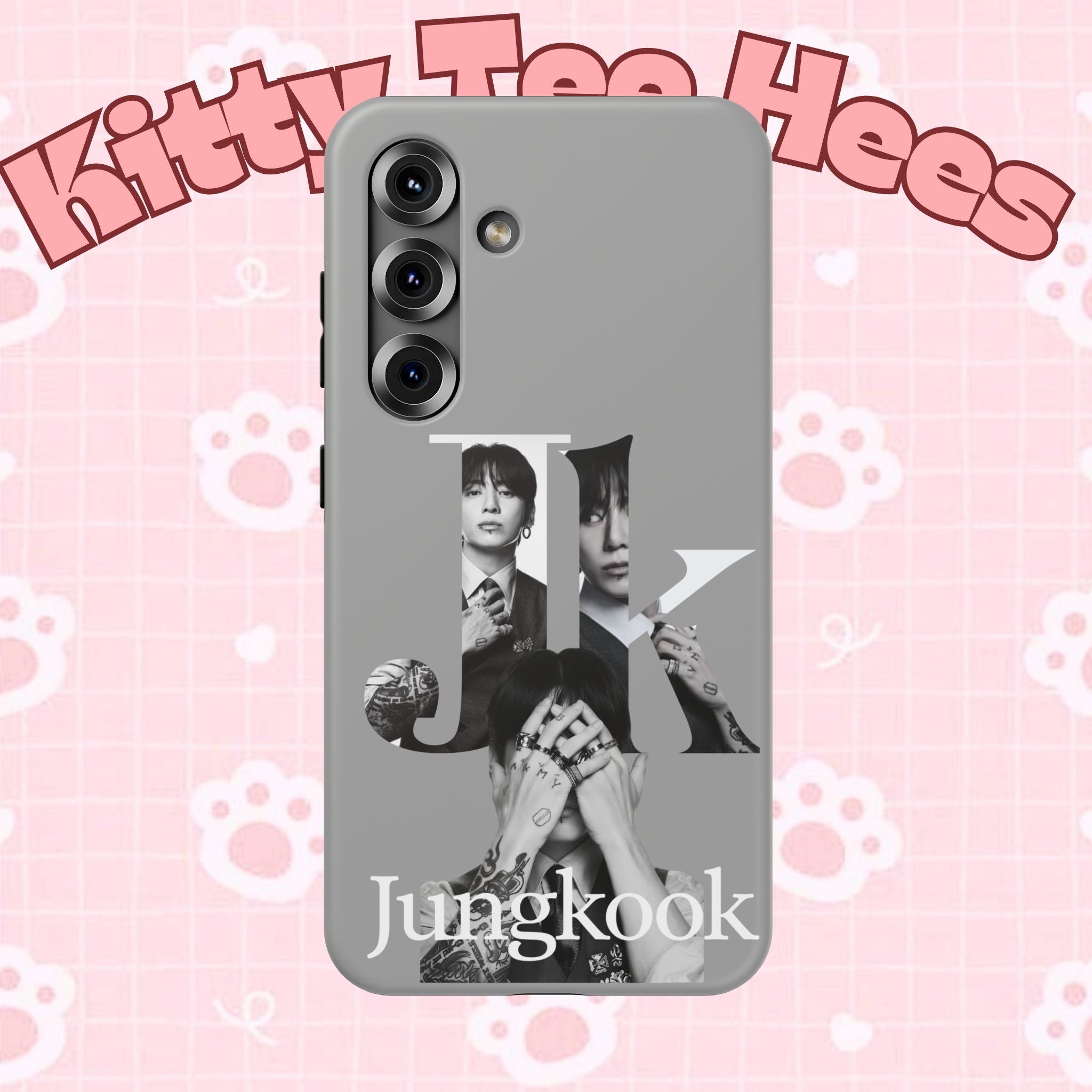 Monochrome BTS Jungkook phone case by Printify featuring a bold letter design, impact-resistant protective cover for smartphones