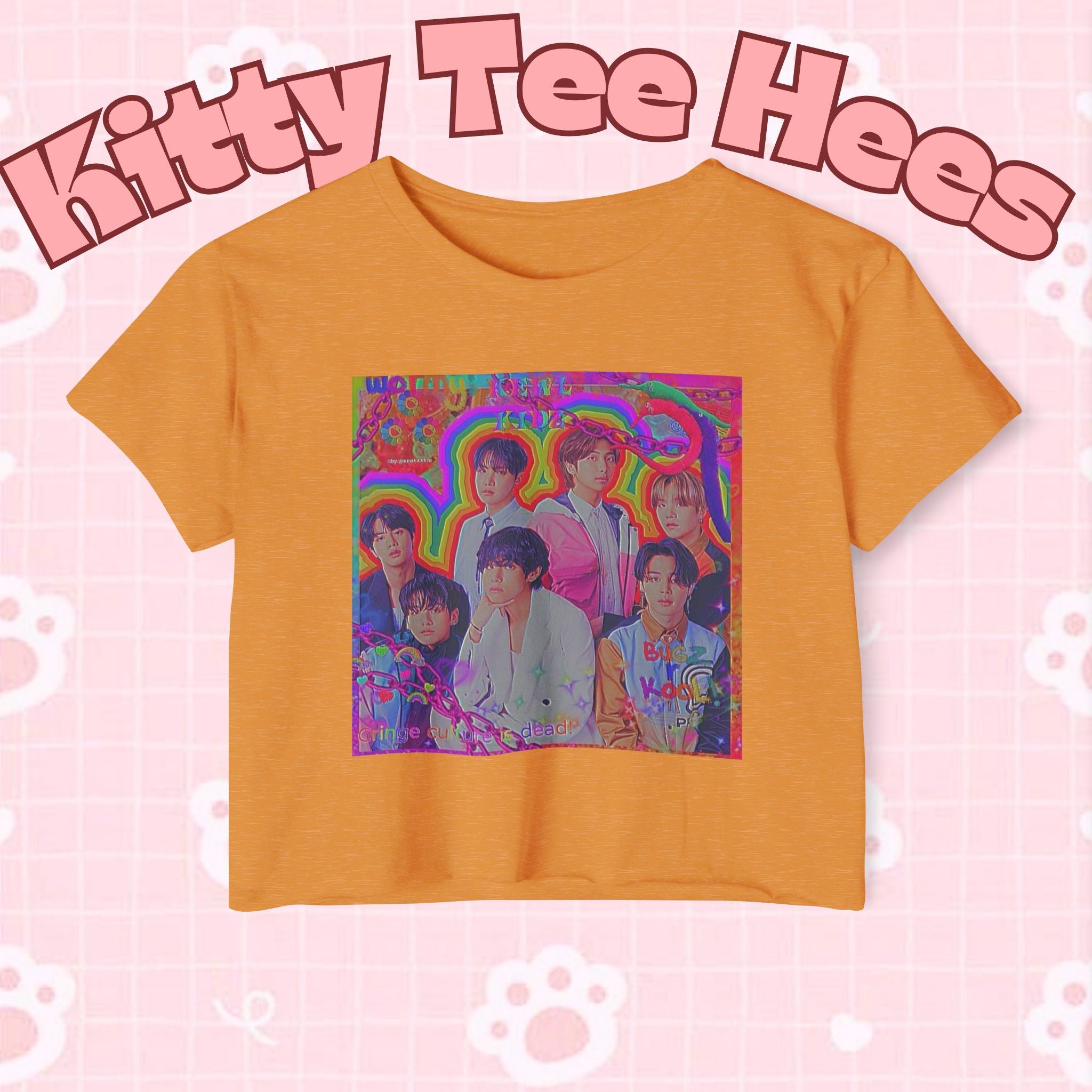 Colorful BTS kidcore T-shirt featuring a Bangtan Boys K-Pop group photo, women's festival crop top by Printify.