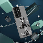 Monochrome BTS Jungkook phone case by Printify featuring impact-resistant design and letter motif on a sleek surface.