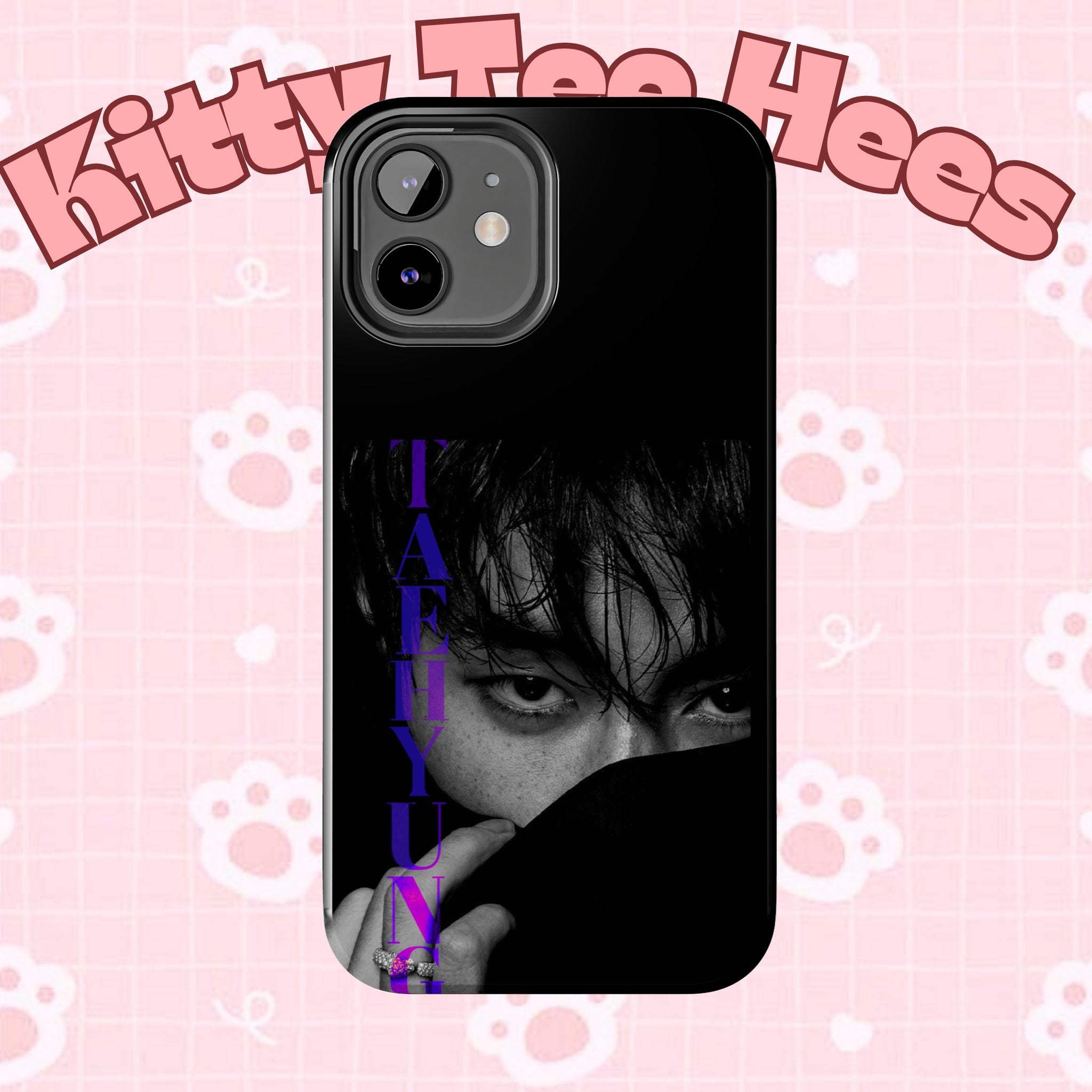 Dark BTS Taehyung (V) phone case with Bangtan design for iPhone and Samsung, featuring Kim Taehyung artwork.