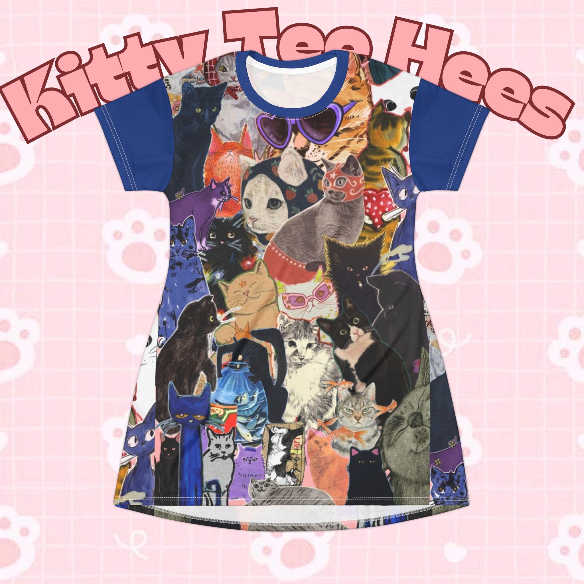 Cat Lady Collage T-shirt dress with all-over print featuring playful cat illustrations, casual style, by Printify.