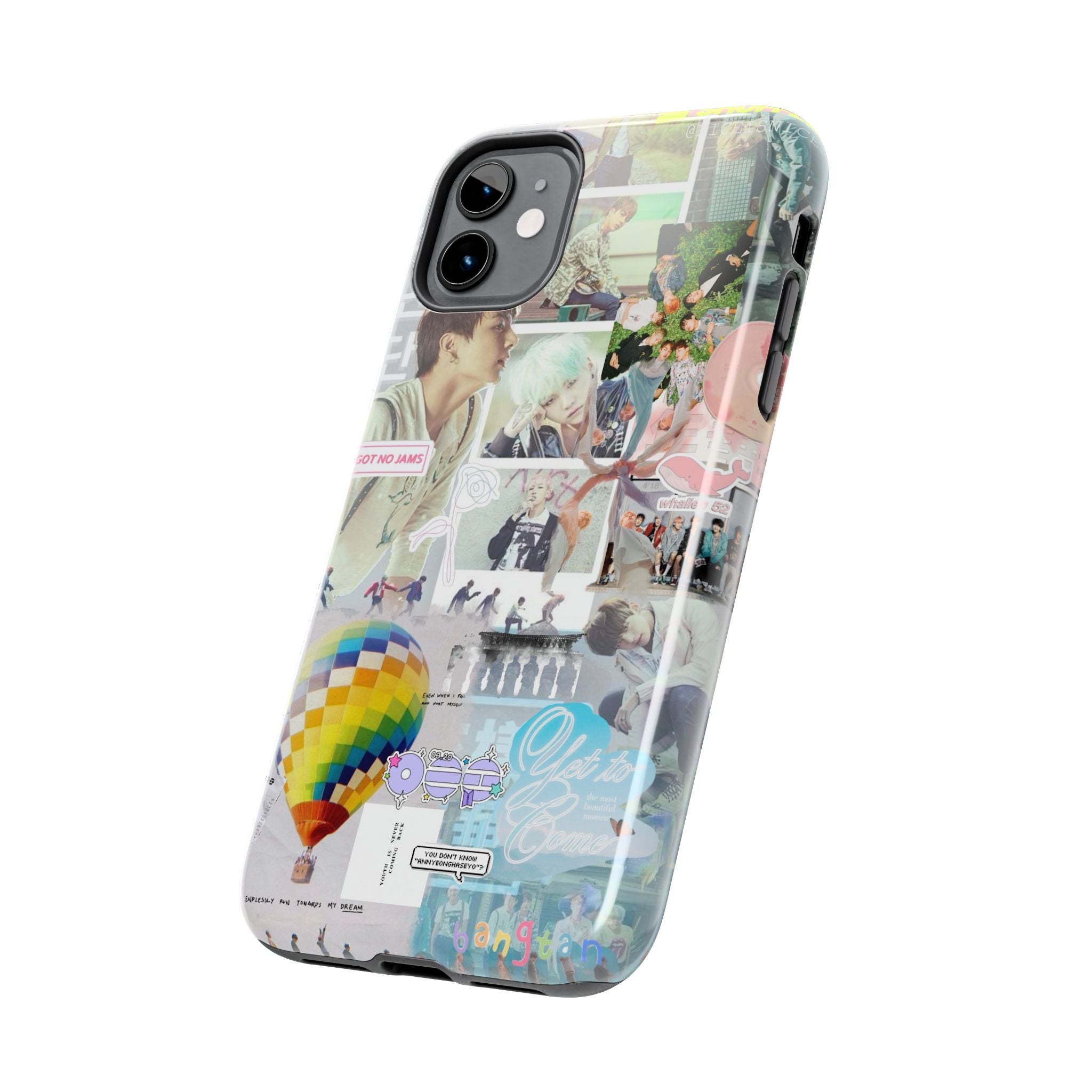 Printify BTS collage phone case for iPhone and Samsung featuring pastel hot air balloon and K-Pop photo collage design.