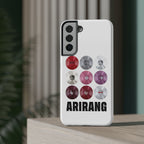 Impact-resistant phone case featuring BTS Arirang vinyl record grid design, compatible with various phone models.