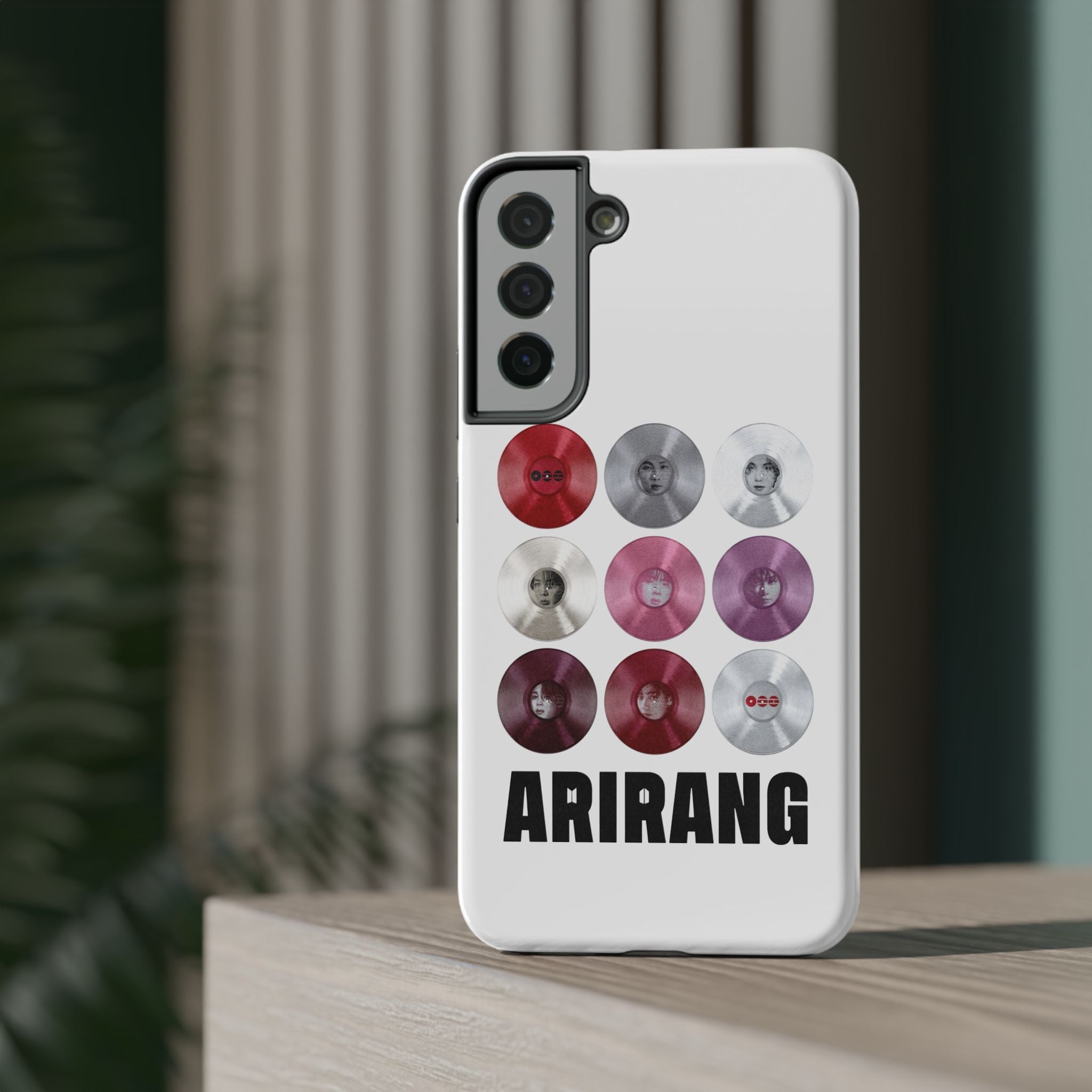 Impact-resistant phone case featuring BTS Arirang vinyl record grid design, compatible with various phone models.