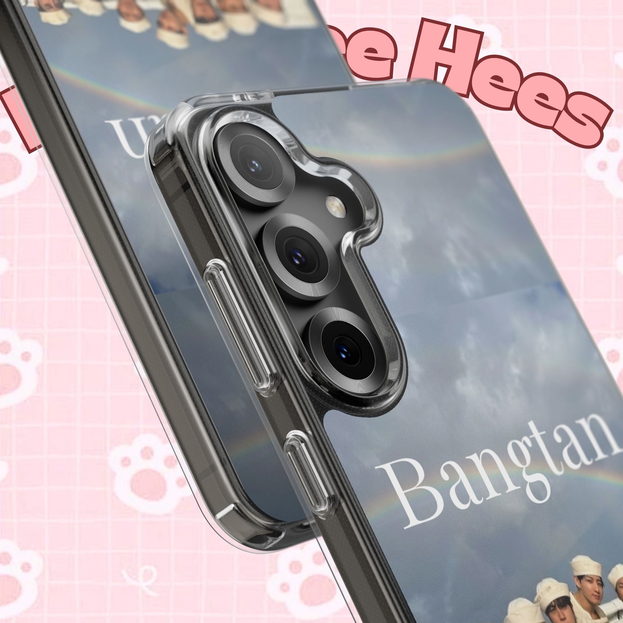 Clear impact-resistant Bangtan phone case featuring cute K-pop design, compatible with smartphones, by Printify.