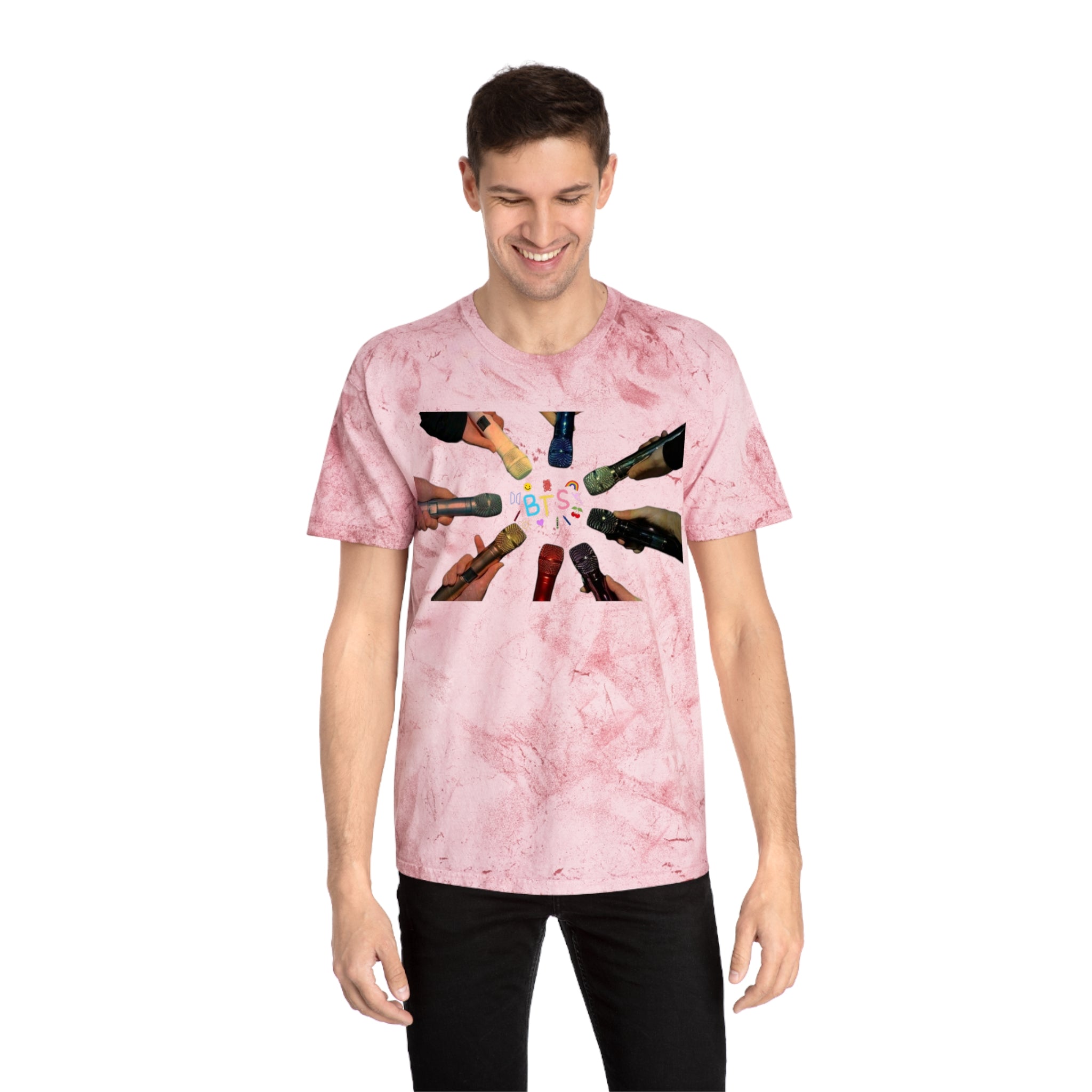 Colorful BTS concert T-shirt featuring rainbow mic and logo design, inspired by K-Pop concert fashion, by Printify.