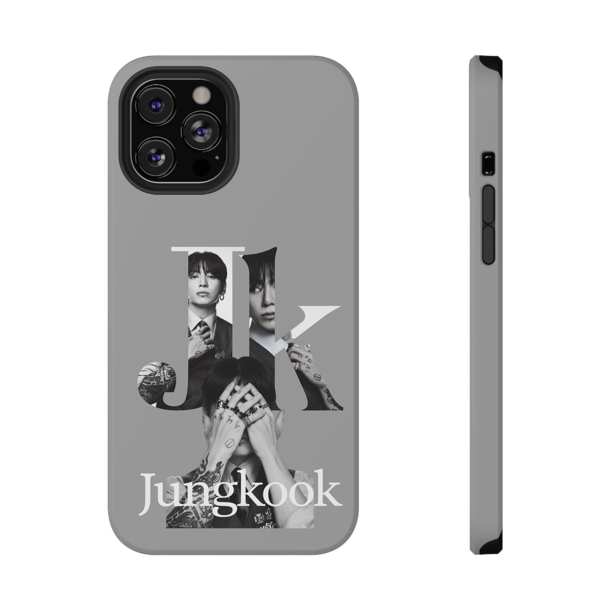 Monochrome BTS Jungkook phone case by Printify featuring impact-resistant design with letter B and Jungkook image.