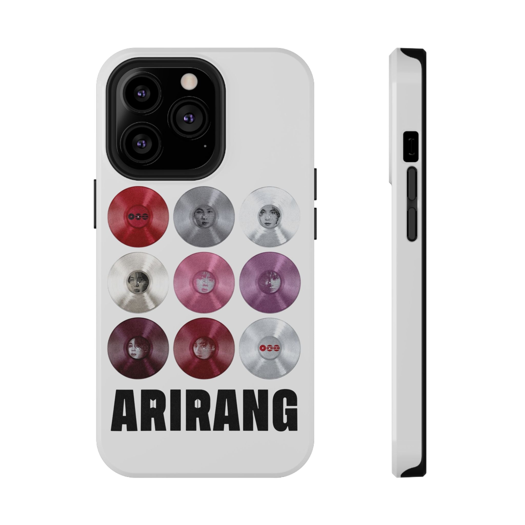 Impact-resistant Printify BTS Arirang vinyl record grid phone case featuring cool BTS fan merch design for fans of BTS.