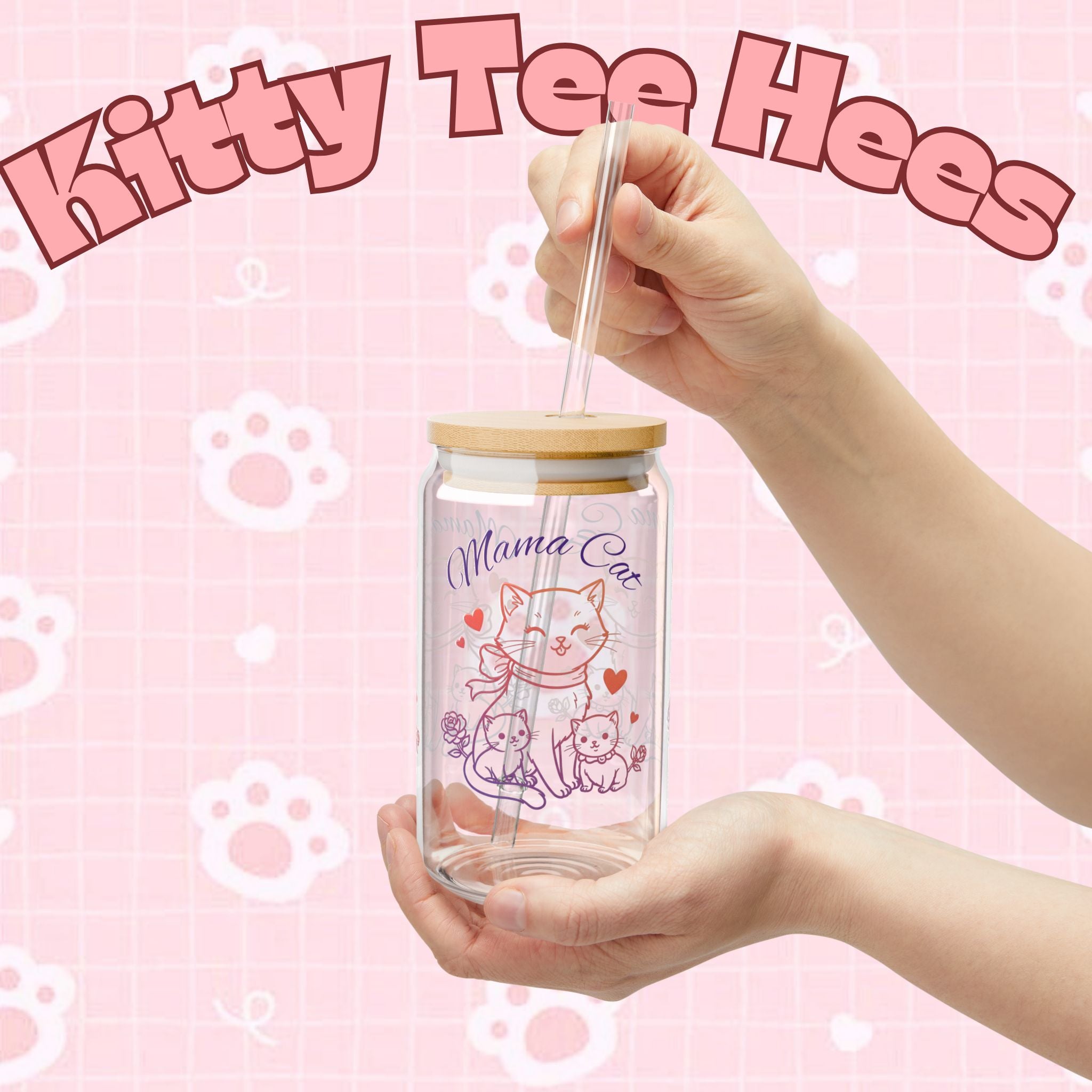 Mama Cat glass water bottle with cat design, 16oz drinkware for cat lovers, ideal for cat moms and Mother's Day gifts.
