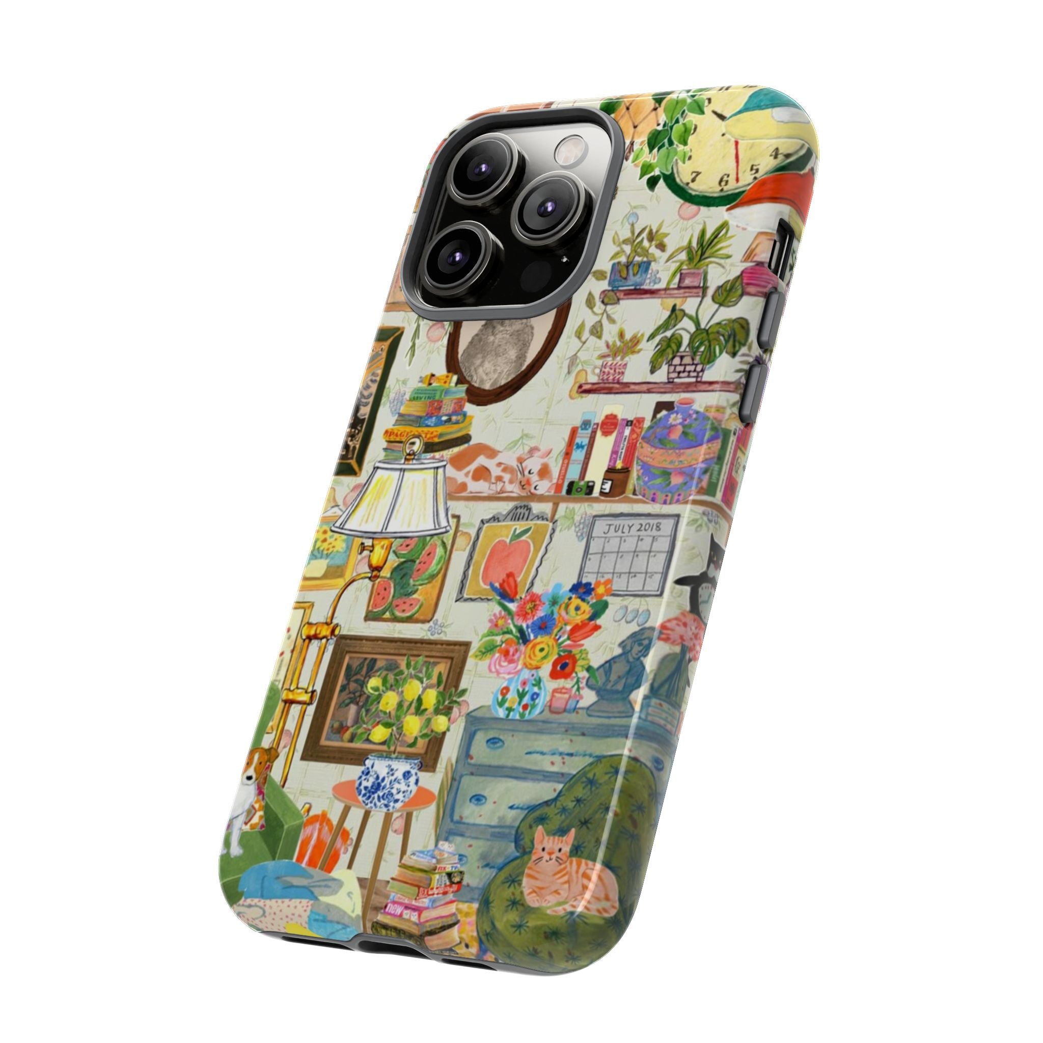 Cute cat portrait phone case for iPhone 17 with cozy living room design, stylish and protective Printify pet-themed case.
