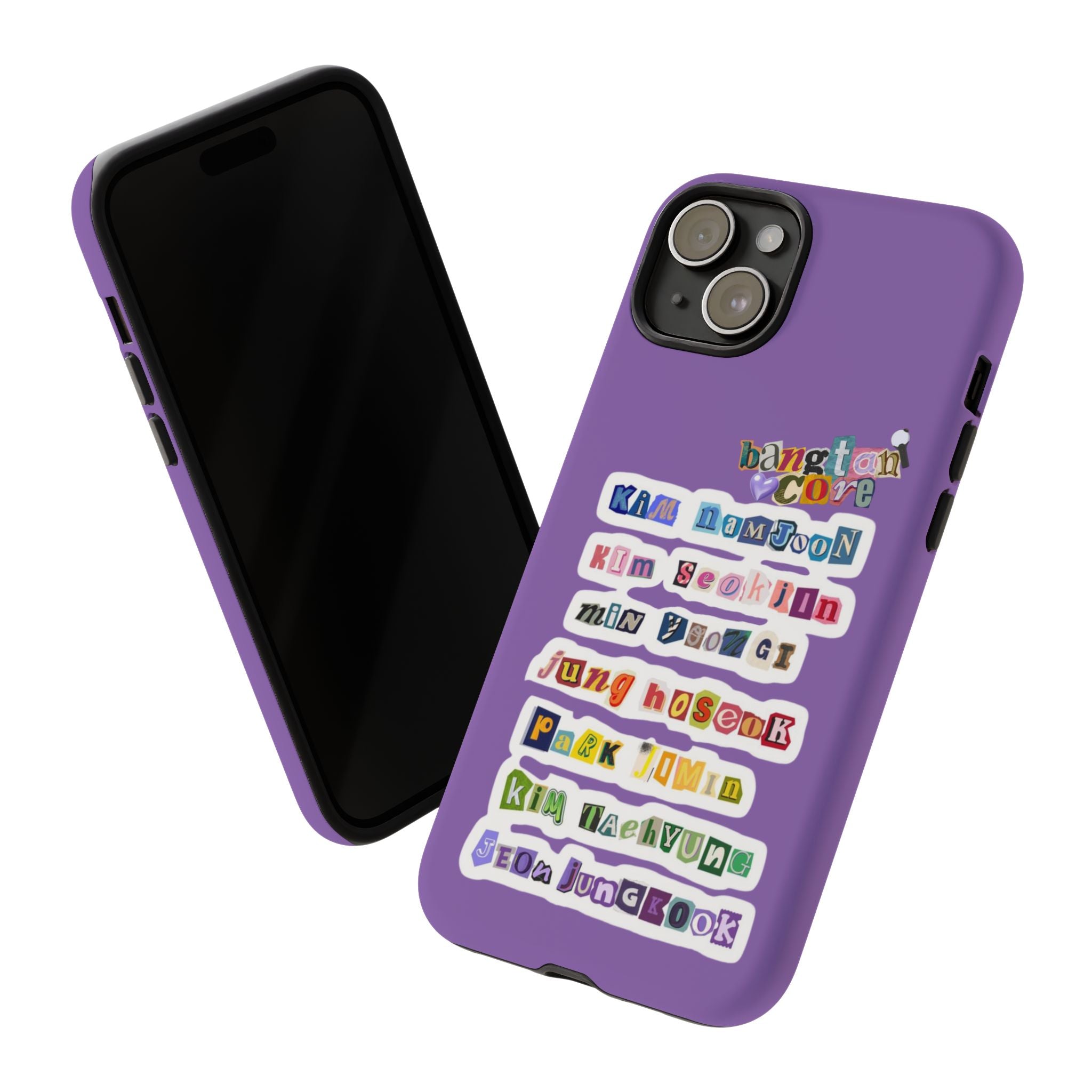BTS member names phone case with Jungkook, Jimin, and Rap Monster branding on a tough iPhone 17 case by Printify.