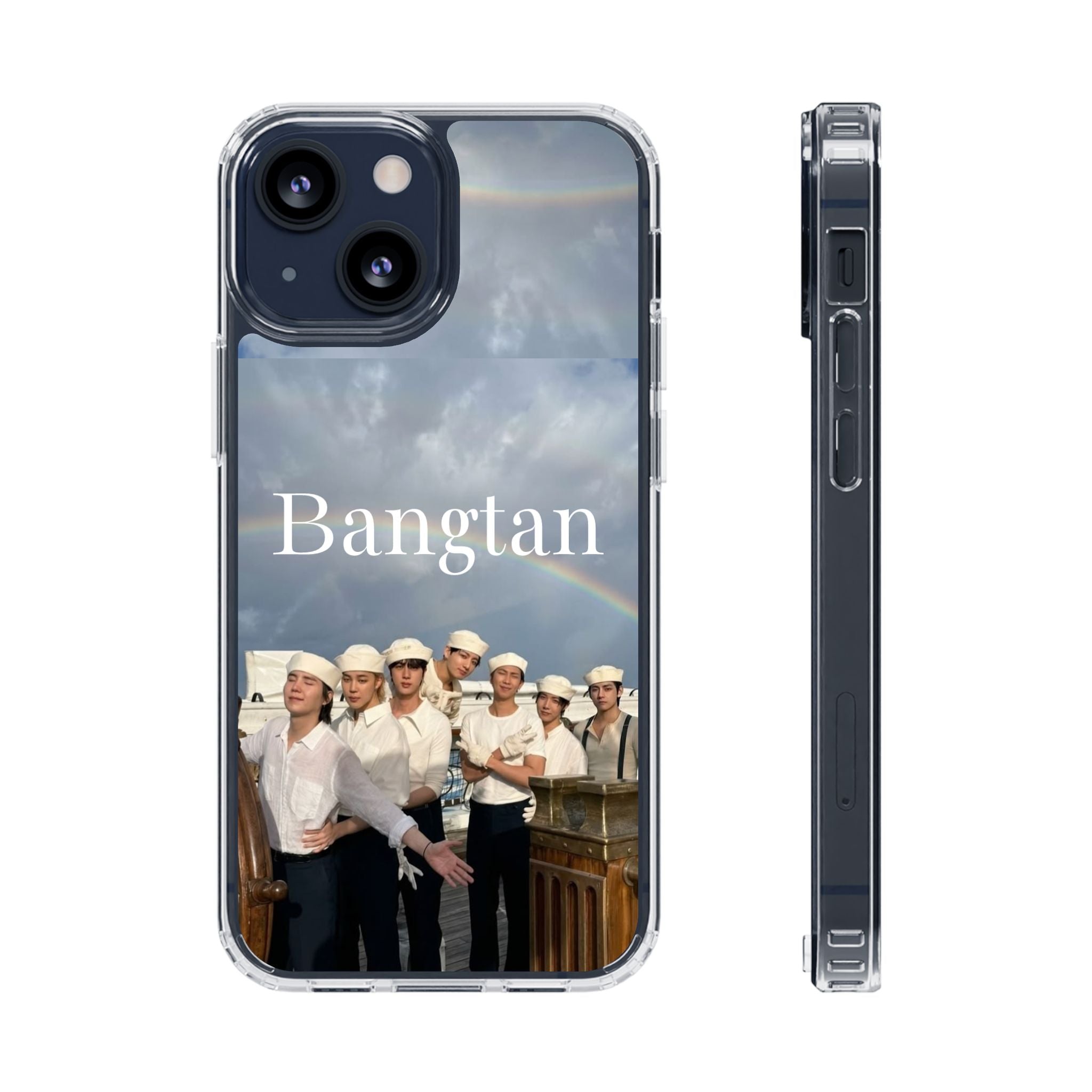 Clear impact-resistant phone case featuring Bangtan Boys K-pop design, made by Printify for a stylish, protective look.