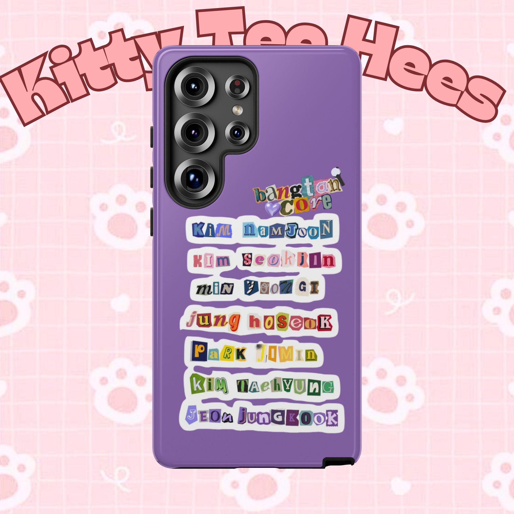 Printify BTS member names phone case featuring Jungkook, Jimin, and RM for iPhone 17, with a durable tough case design.